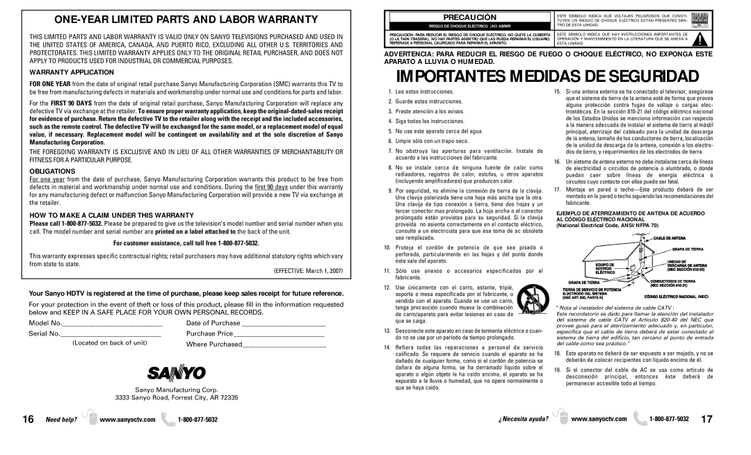 Sanyo DP37649 owner manual ONE-YEAR Limited Parts and Labor Warranty, Warranty Application, Obligations 