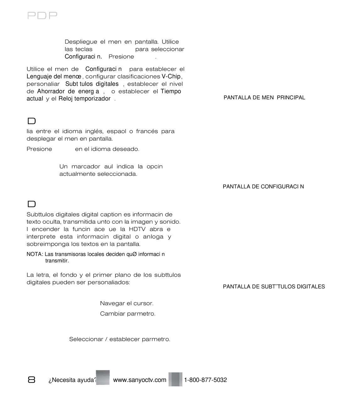 Sanyo DP37819 Operación DEL Menú EN Pantalla, Configuración, Lenguaje DEL Menú, Subtítulos Digitales, MÁS Información 