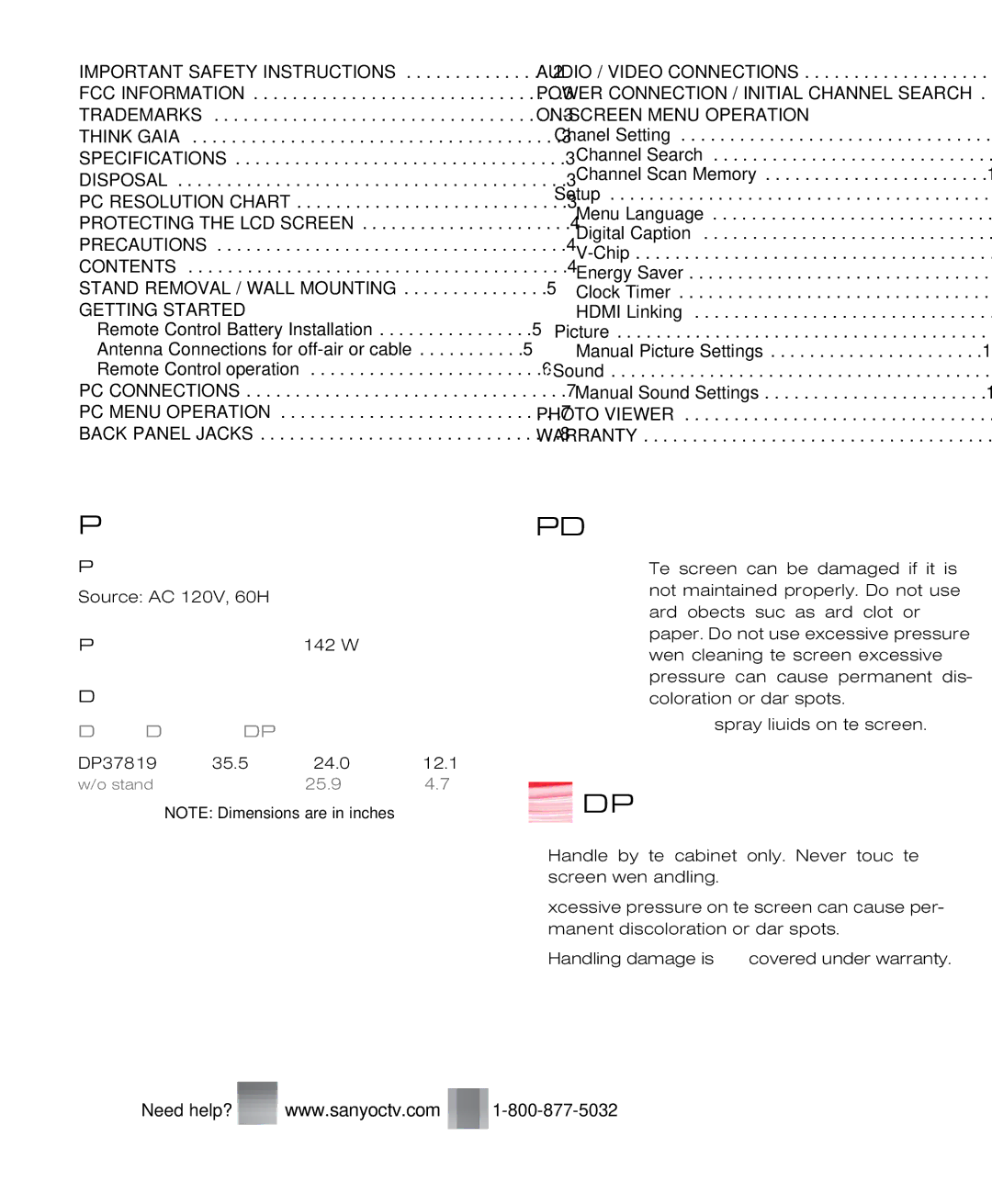 Sanyo DP37819 owner manual Contents, Positioning the LCD Hdtv, Stand Removal and Wall Mounting Optional, Getting Started 