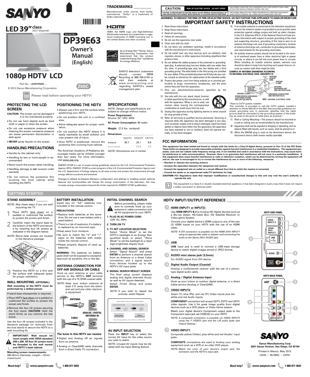 Sanyo DP39E63 important safety instructions Usb, Video INPUT2, Video INPUT1 