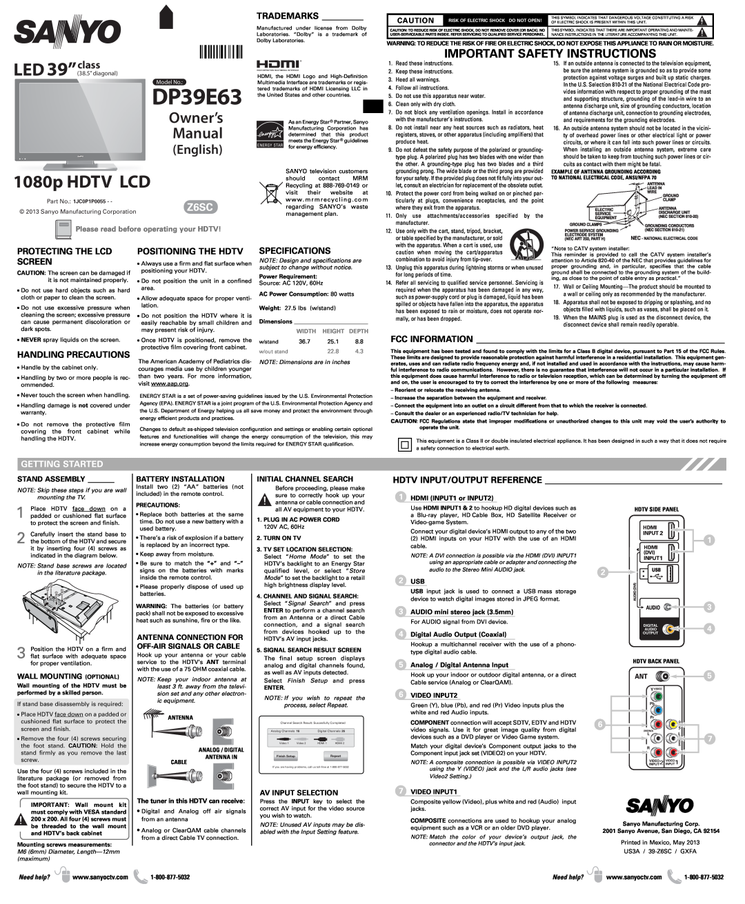 Sanyo DP39E63 important safety instructions Getting Started, 1080p HDTV LCD, Owner’s Manual, English, LED class, Z6SC 