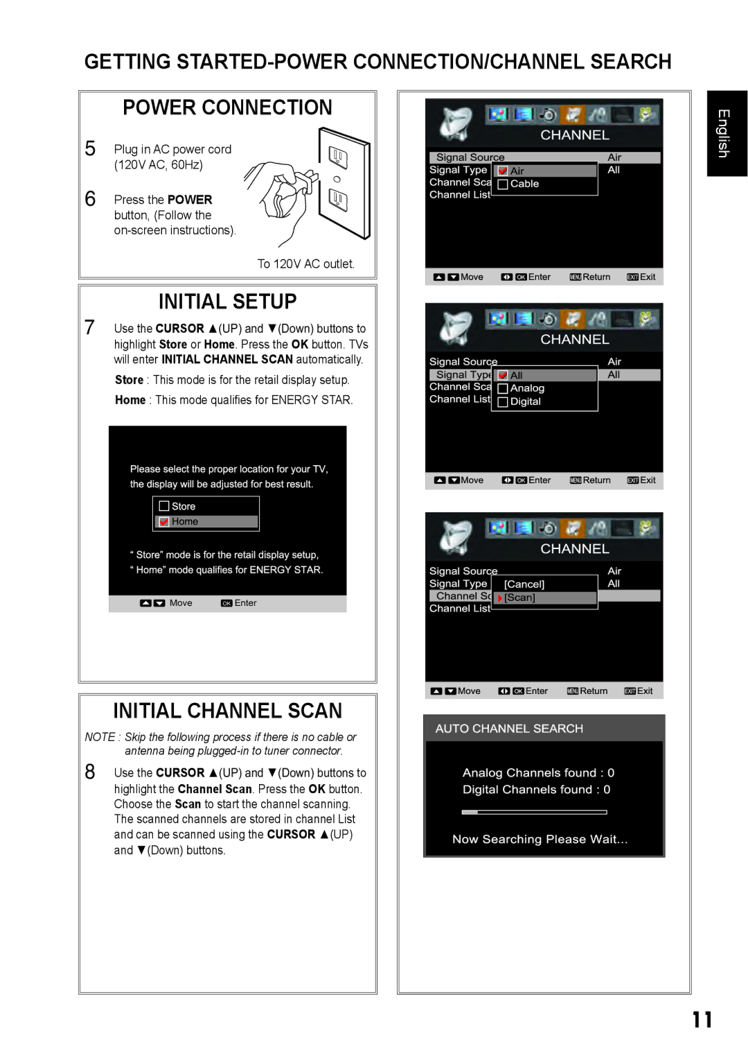 Sanyo DP42410 manual Initial Setup, Initial Channel Scan,  Plug in AC power cord 120V AC, 60Hz, To 120V AC outlet 