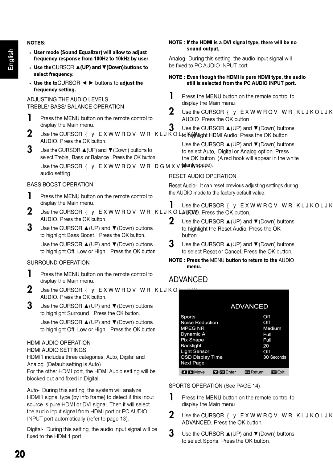 Sanyo DP42410 manual Adjusting the Audio Levels TREBLE/ BASS/ Balance Operation, Bass Boost Operation, Surround Operation 