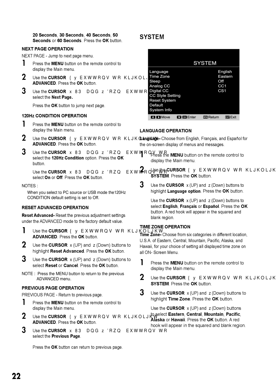 Sanyo DP42410 manual Next page Operation, Reset Advanced Operation, Previous page Operation, Language Operation 