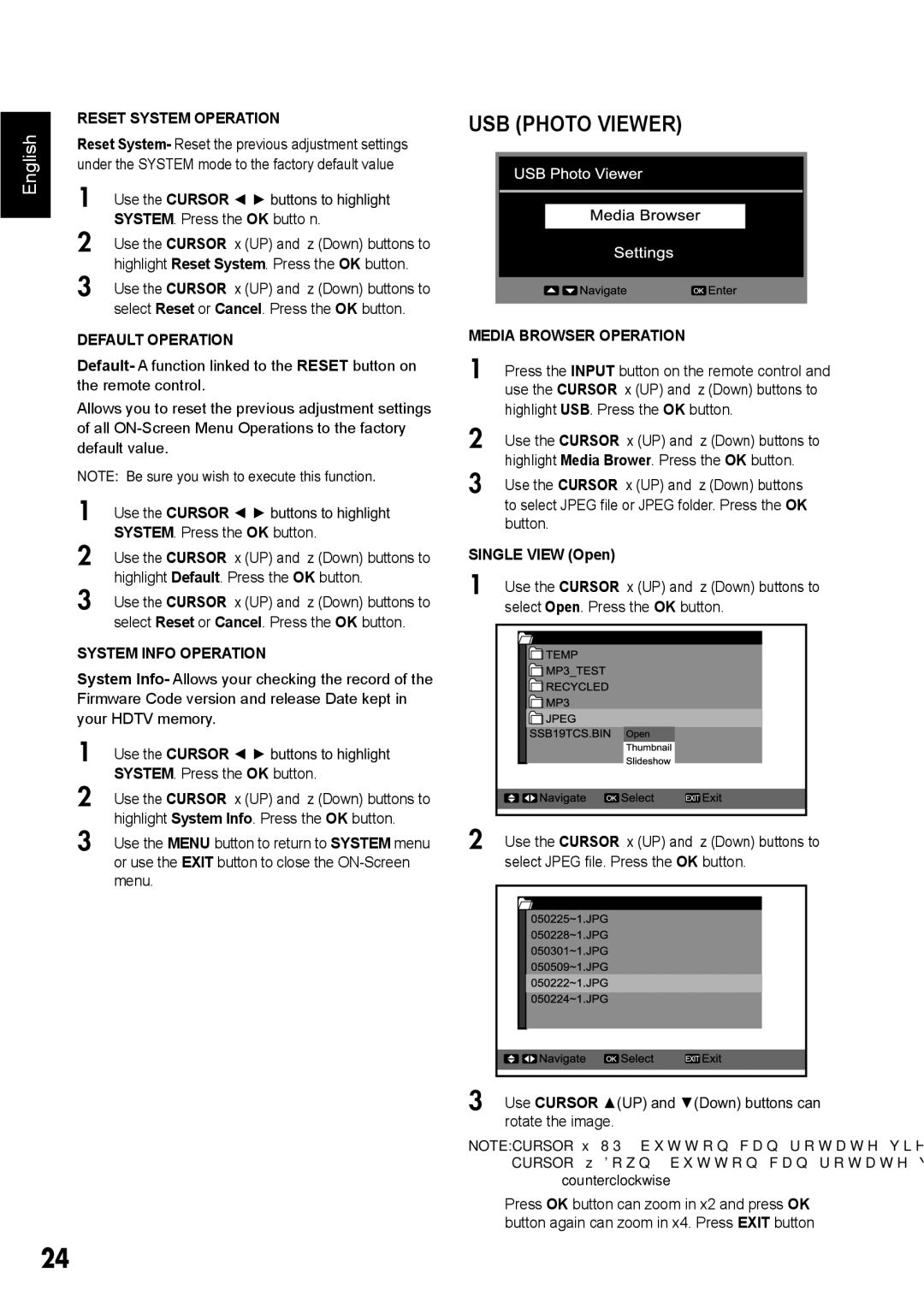 Sanyo DP42410 manual Reset System Operation, Default Operation, System Info Operation, Media Browser Operation 