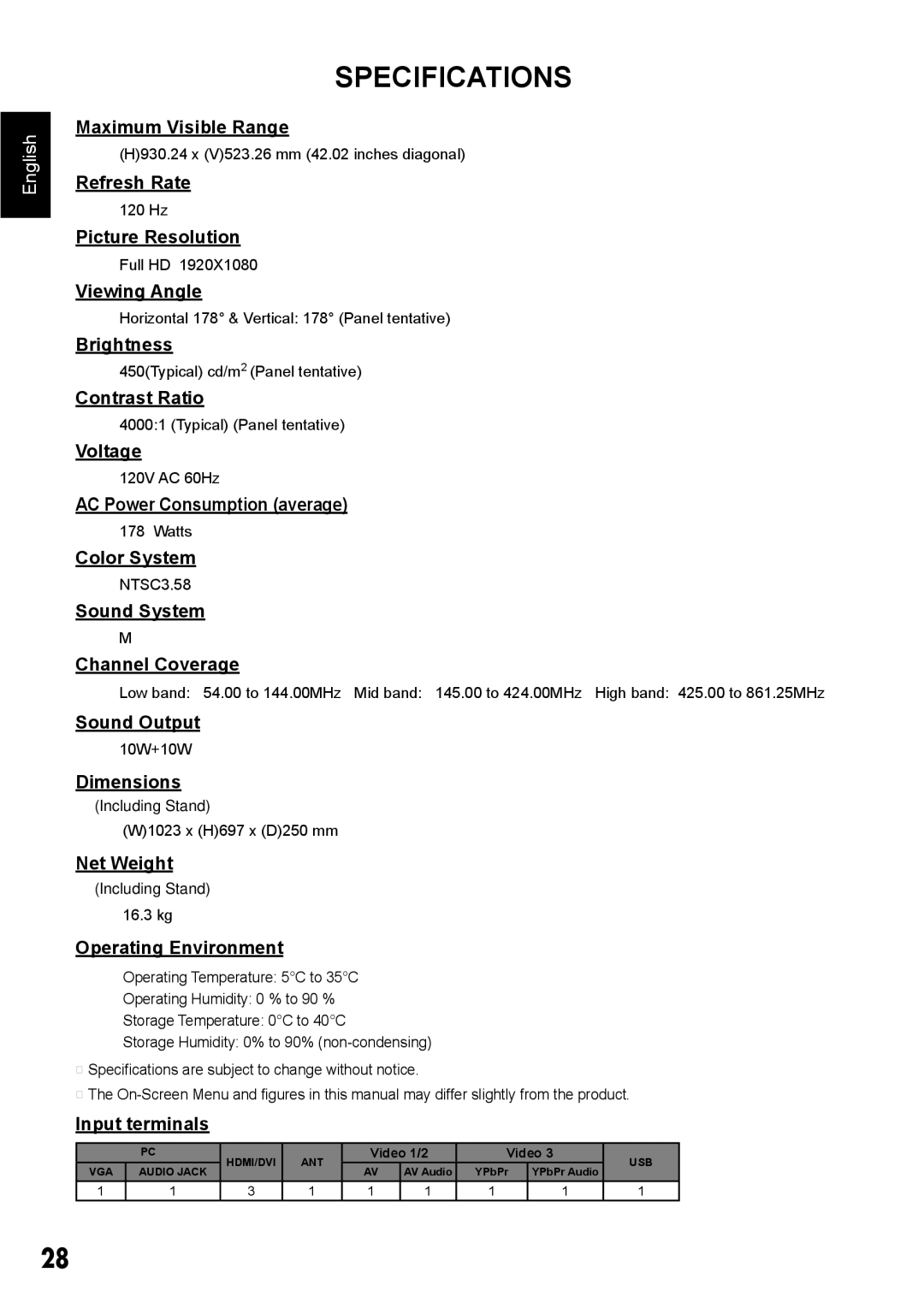 Sanyo DP42410 manual Specifications 