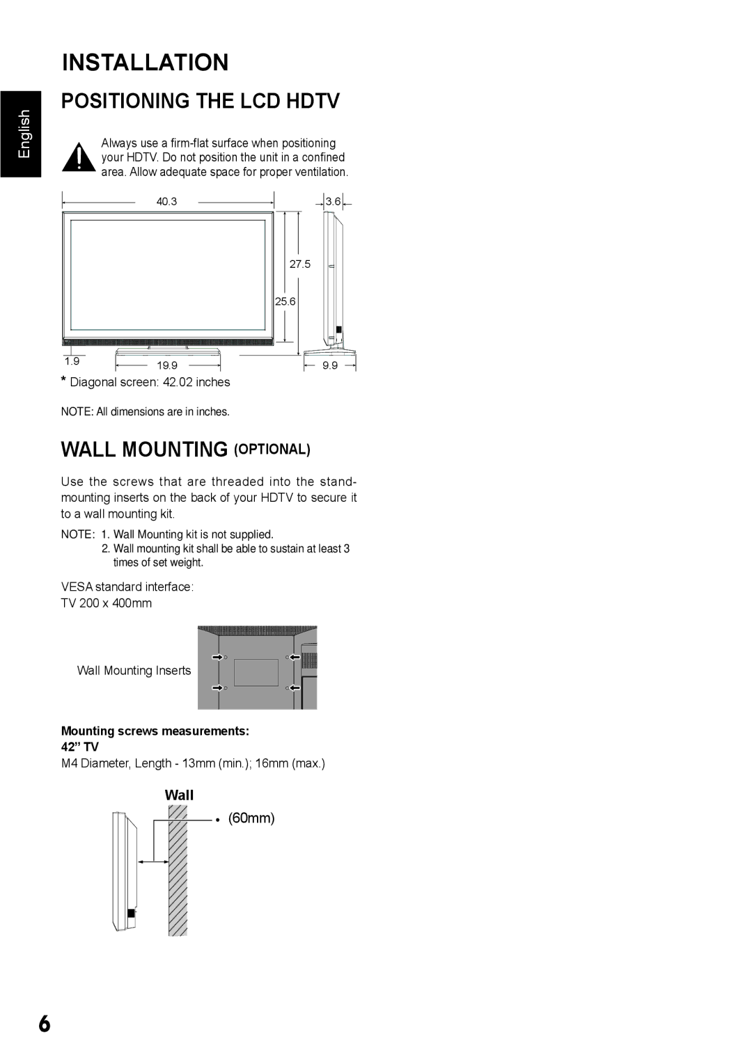 Sanyo DP42410 manual Installation, Positioning the LCD Hdtv, Wall Mounting Optional, Mounting screws measurements 42 TV 