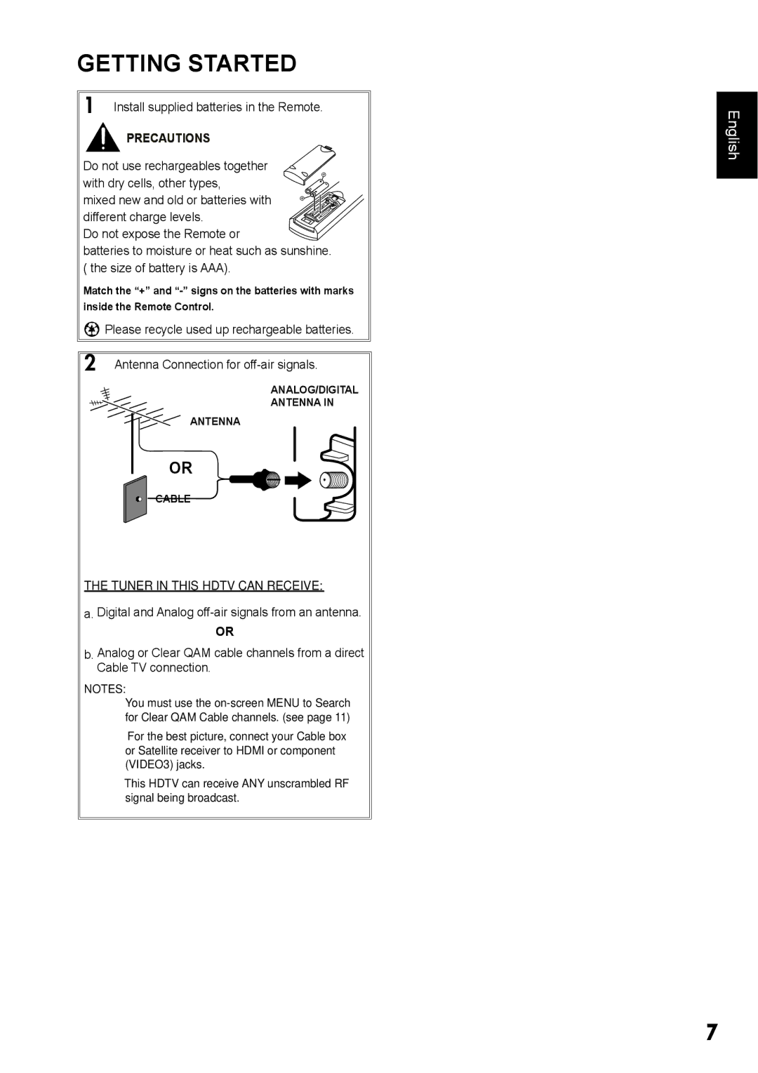 Sanyo DP42410 manual Getting Started,  Install supplied batteries in the Remote, Precautions 