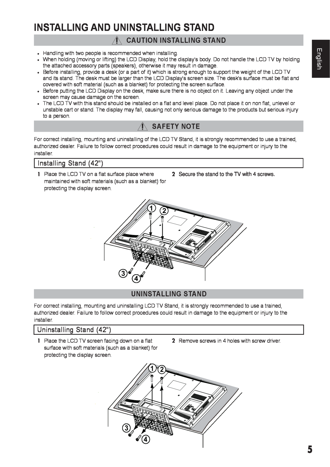 Sanyo DP42410 manual Installing And Uninstalling Stand, Caution Installing Stand, Safety Note, English 