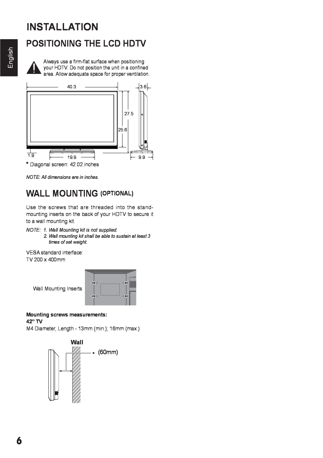 Sanyo DP42410 Installation, Positioning The Lcd Hdtv, Wall Mounting Optional, English, NOTE All dimensions are in inches 