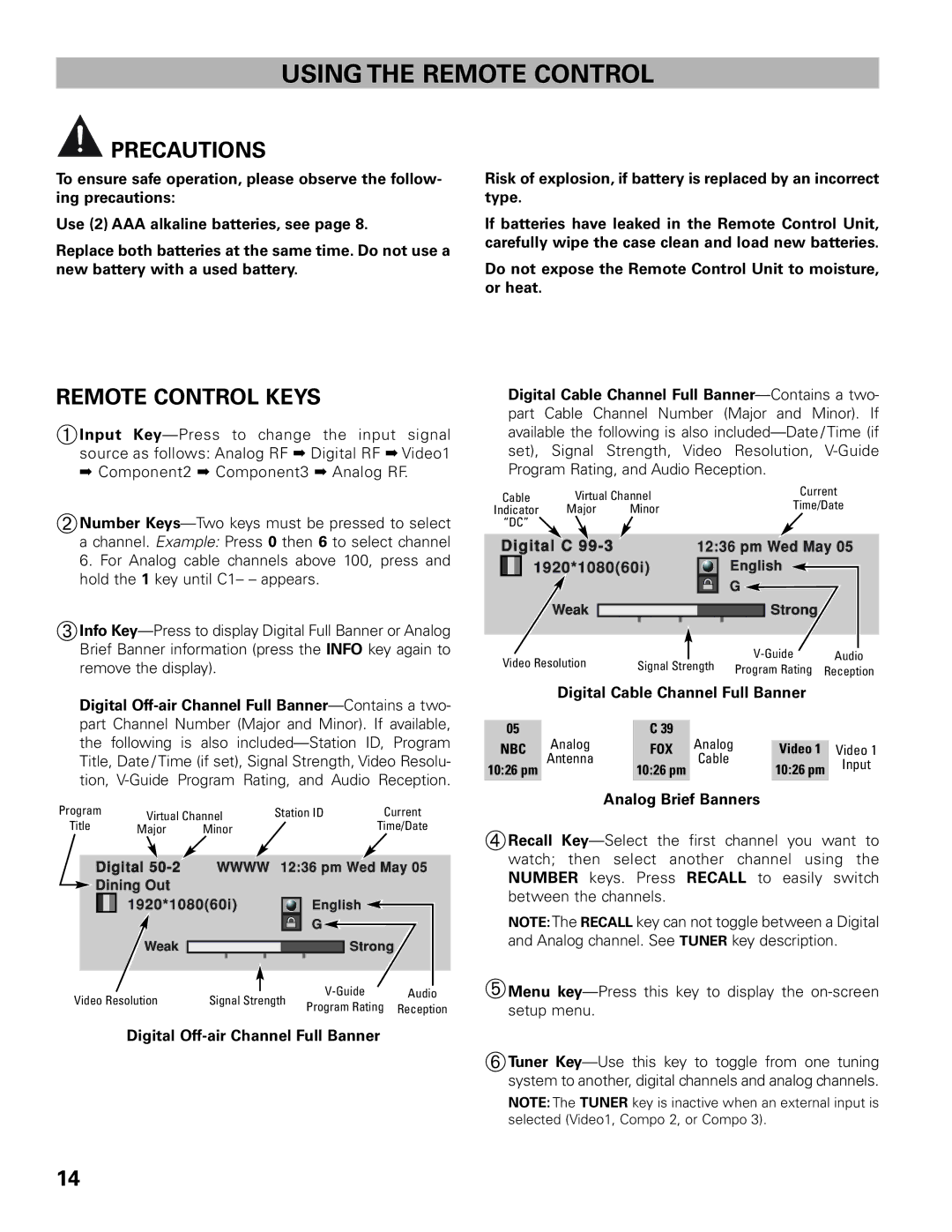 Sanyo DP42545 owner manual Using the Remote Control, Precautions, Remote Control Keys, Digital Cable Channel Full Banner 