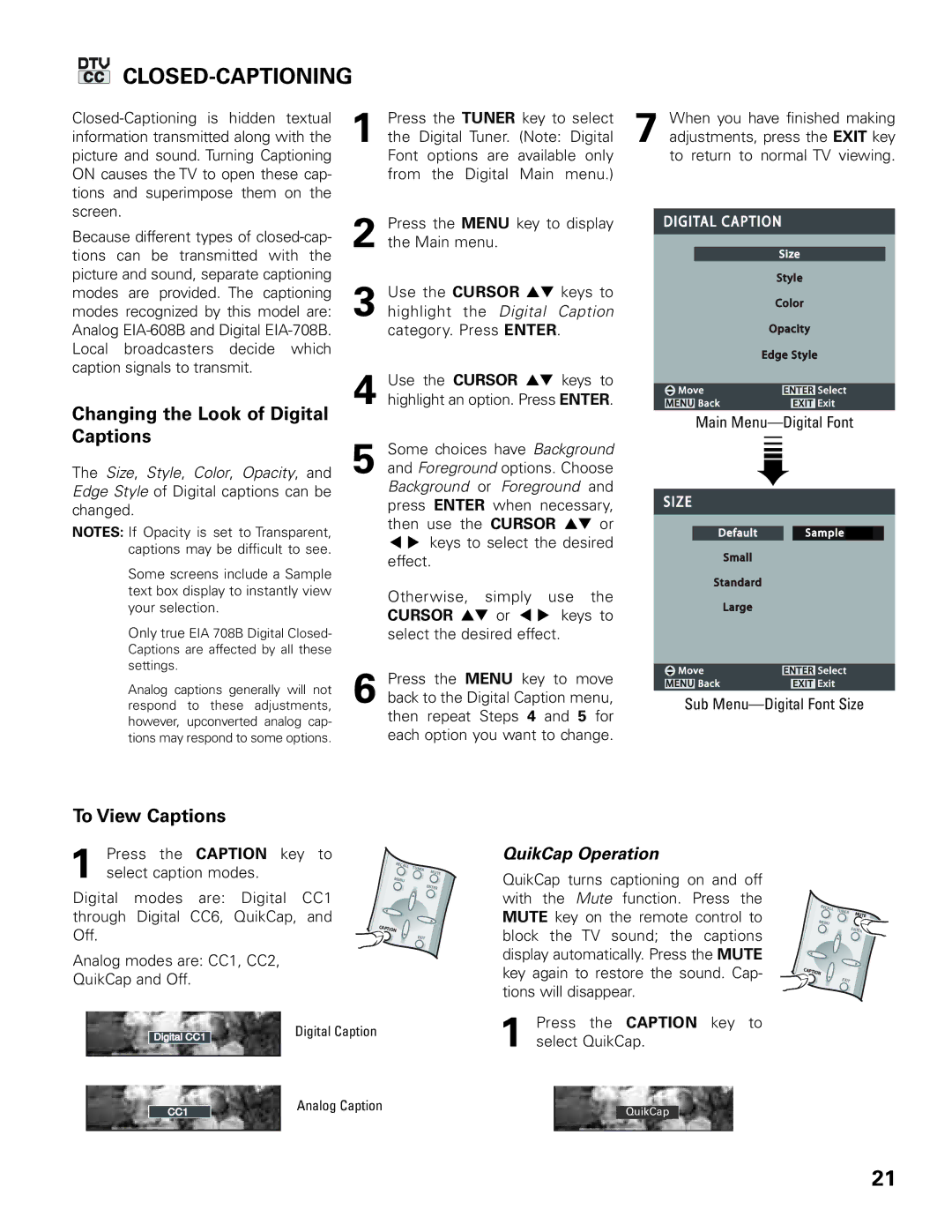 Sanyo DP42545 owner manual Closed-Captioning, Changing the Look of Digital Captions, To View Captions 