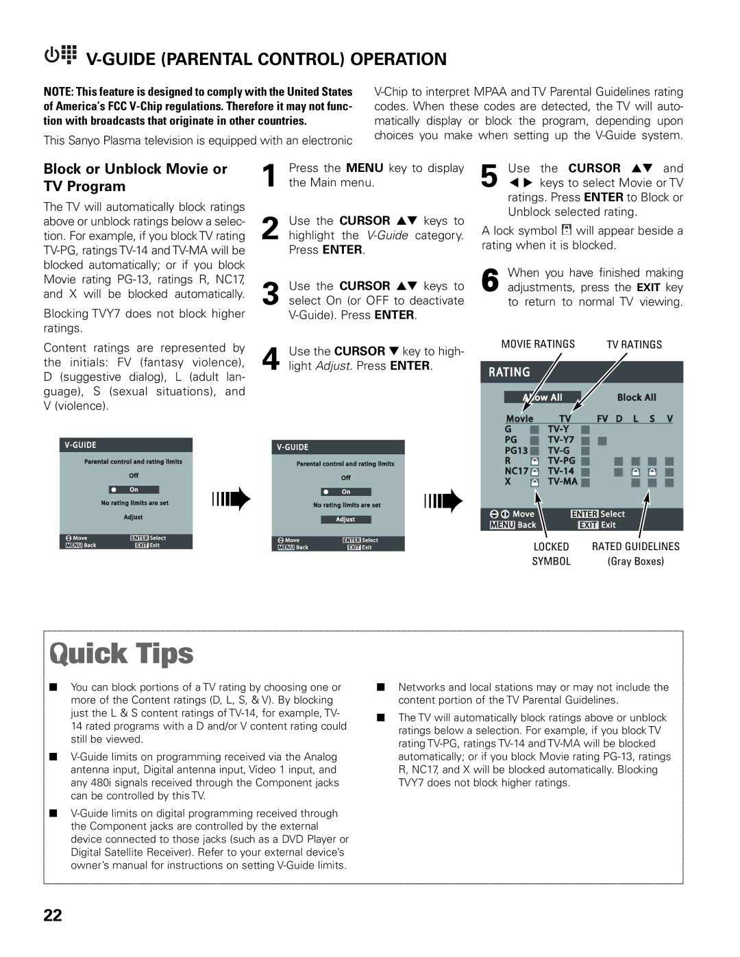 Sanyo DP42545 owner manual Guide Parental Control Operation, Block or Unblock Movie or TV Program 