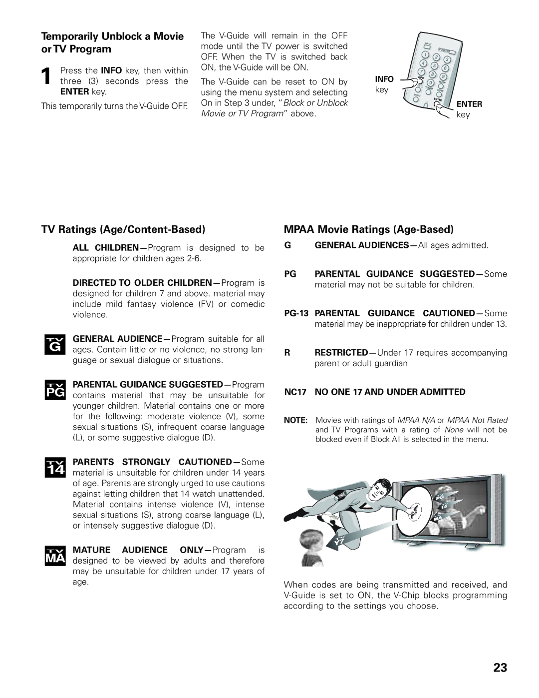 Sanyo DP42545 Temporarily Unblock a Movie or TV Program, TV Ratings Age/Content-Based, Mpaa Movie Ratings Age-Based 