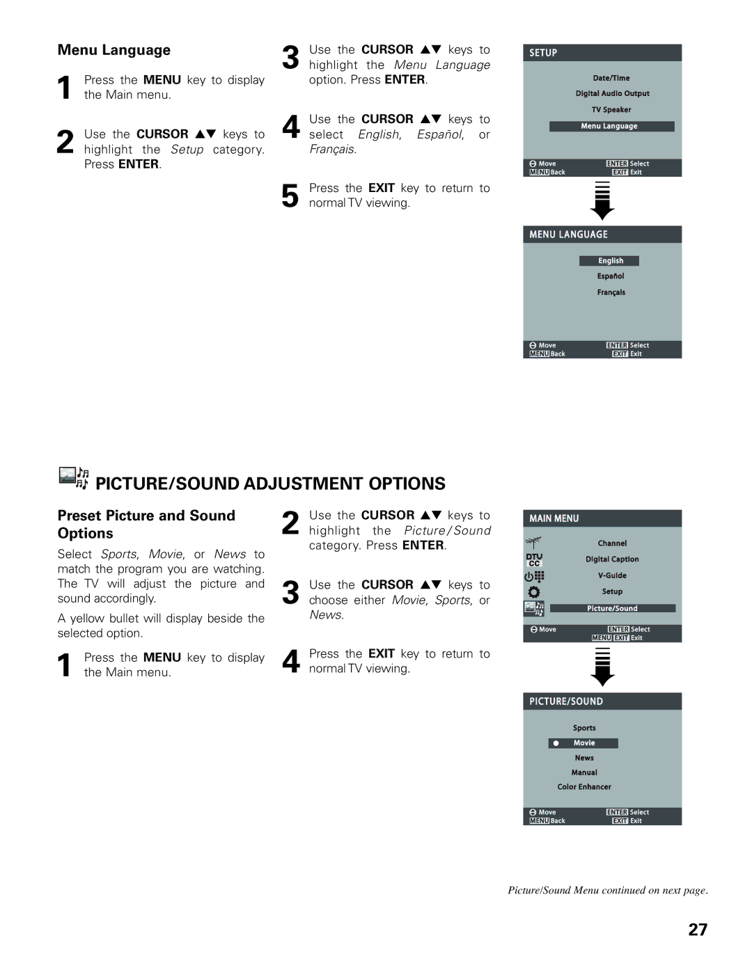 Sanyo DP42545 owner manual PICTURE/SOUND Adjustment Options, Menu Language, Preset Picture and Sound Options 