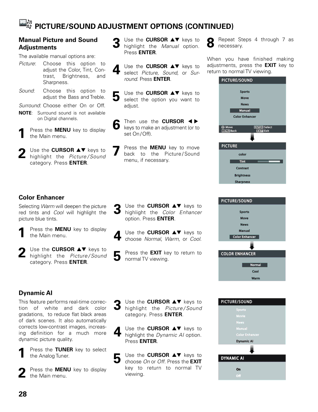 Sanyo DP42545 owner manual Manual Picture and Sound Adjustments, Color Enhancer, Dynamic AI 