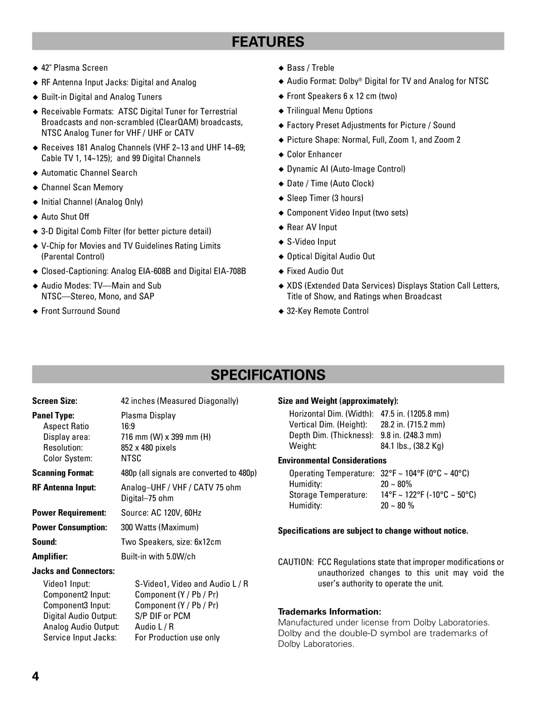 Sanyo DP42545 owner manual Features, Specifications 