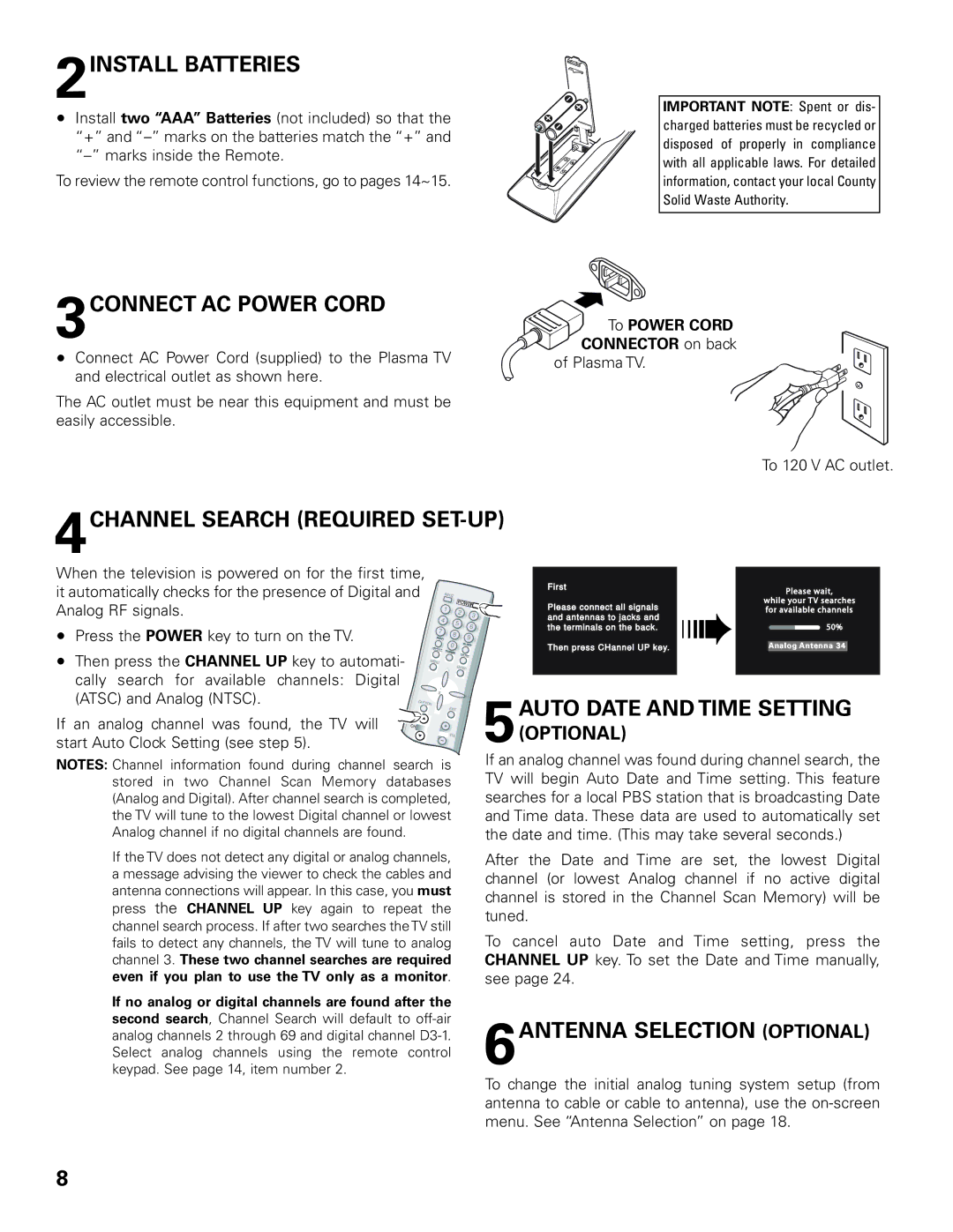 Sanyo DP42545 2INSTALL Batteries, 3CONNECT AC Power Cord, 4CHANNEL Search Required SET-UP, 6ANTENNA Selection Optional 