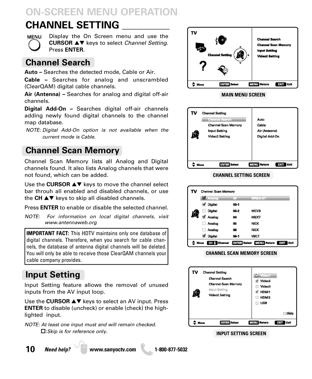 Sanyo DP42740 manual ON-SCREEN Menu Operation Channel Setting, Channel Search, Channel Scan Memory, Input Setting 