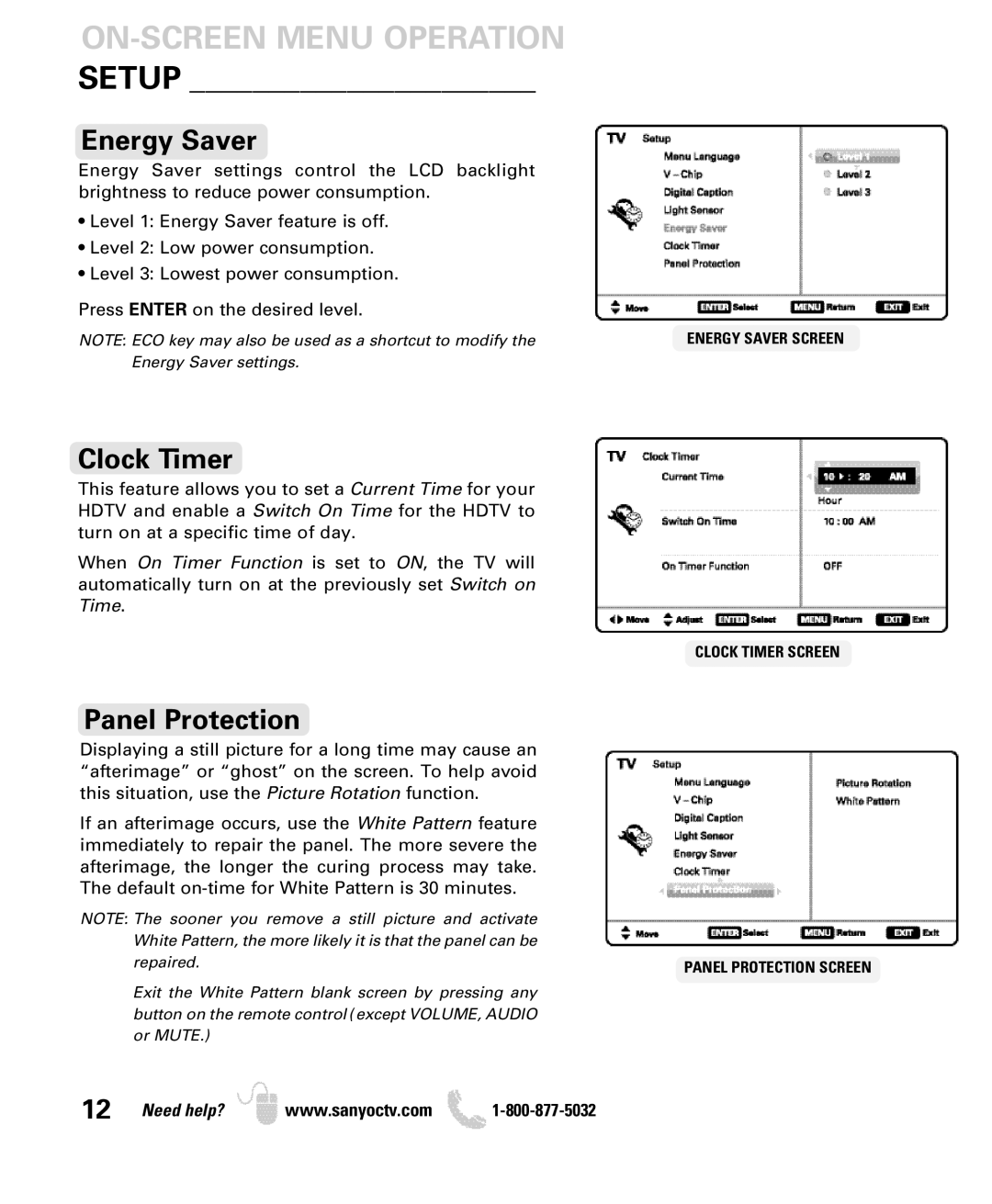 Sanyo DP42740 manual Setup, Energy Saver, Clock Timer, Panel Protection 