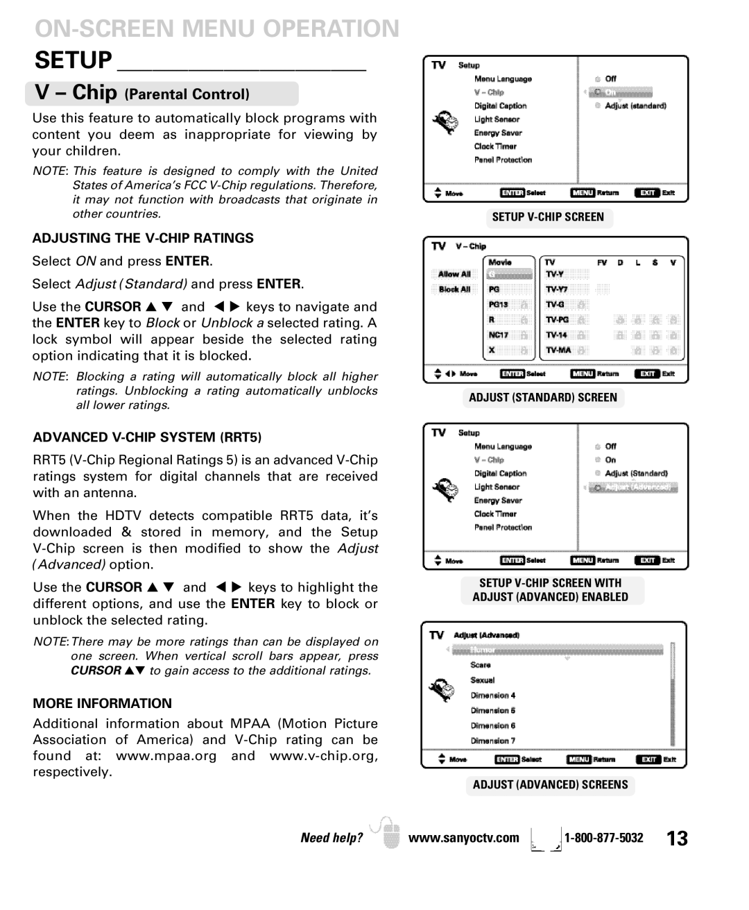 Sanyo DP42740 manual Adjusting the V-CHIP Ratings, Advanced V-CHIP System RRT5, More Information 