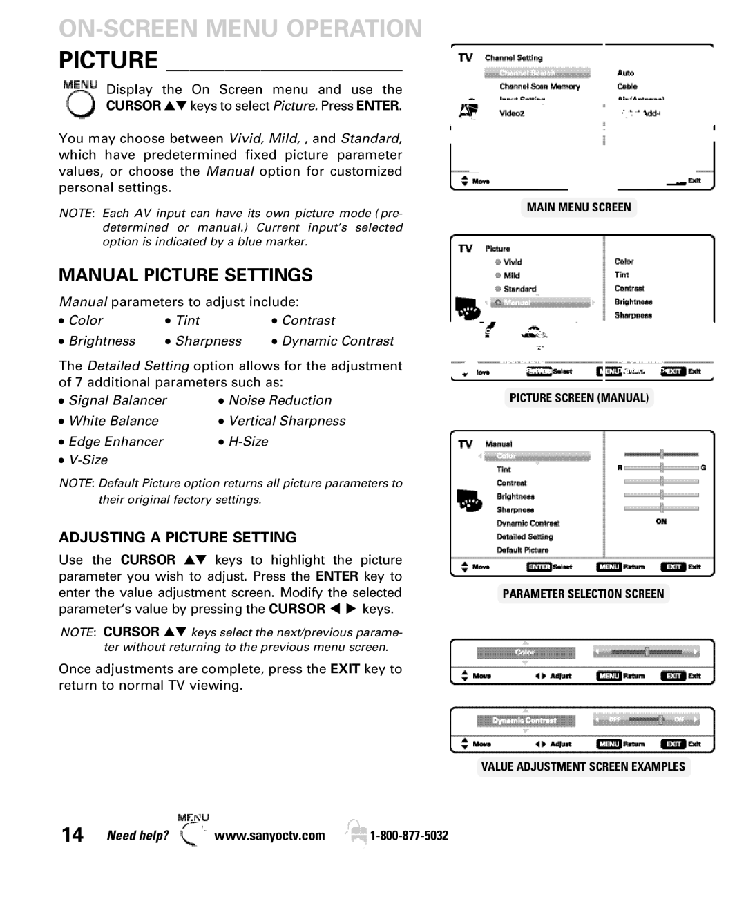 Sanyo DP42740 manual Manual Picture Settings, Adjusting a Picture Setting 