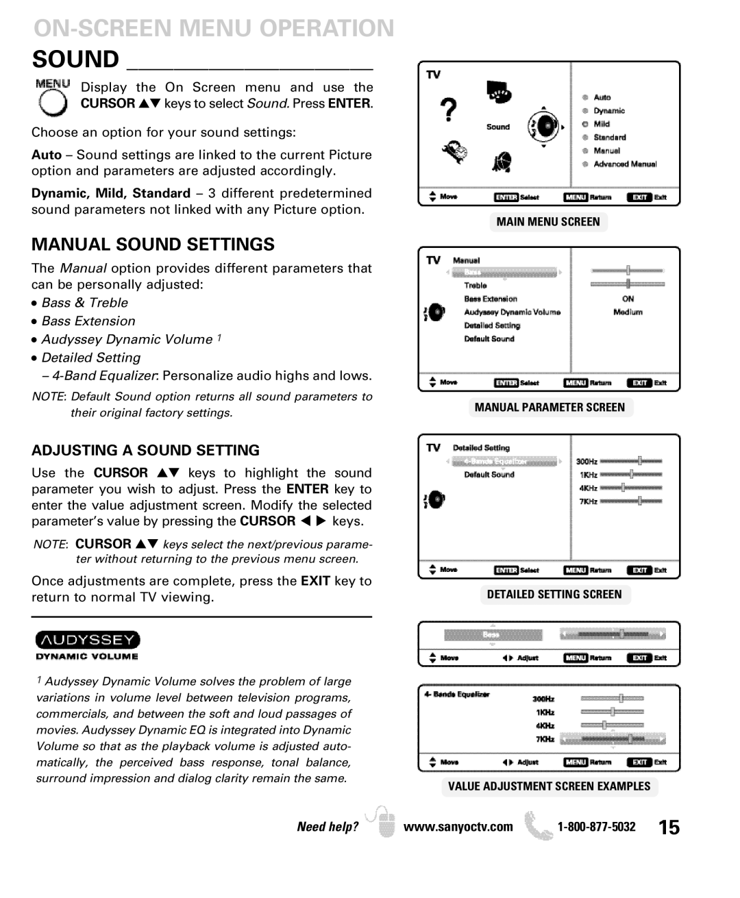 Sanyo DP42740 manual Manual Sound Settings, Adjusting a Sound Setting 