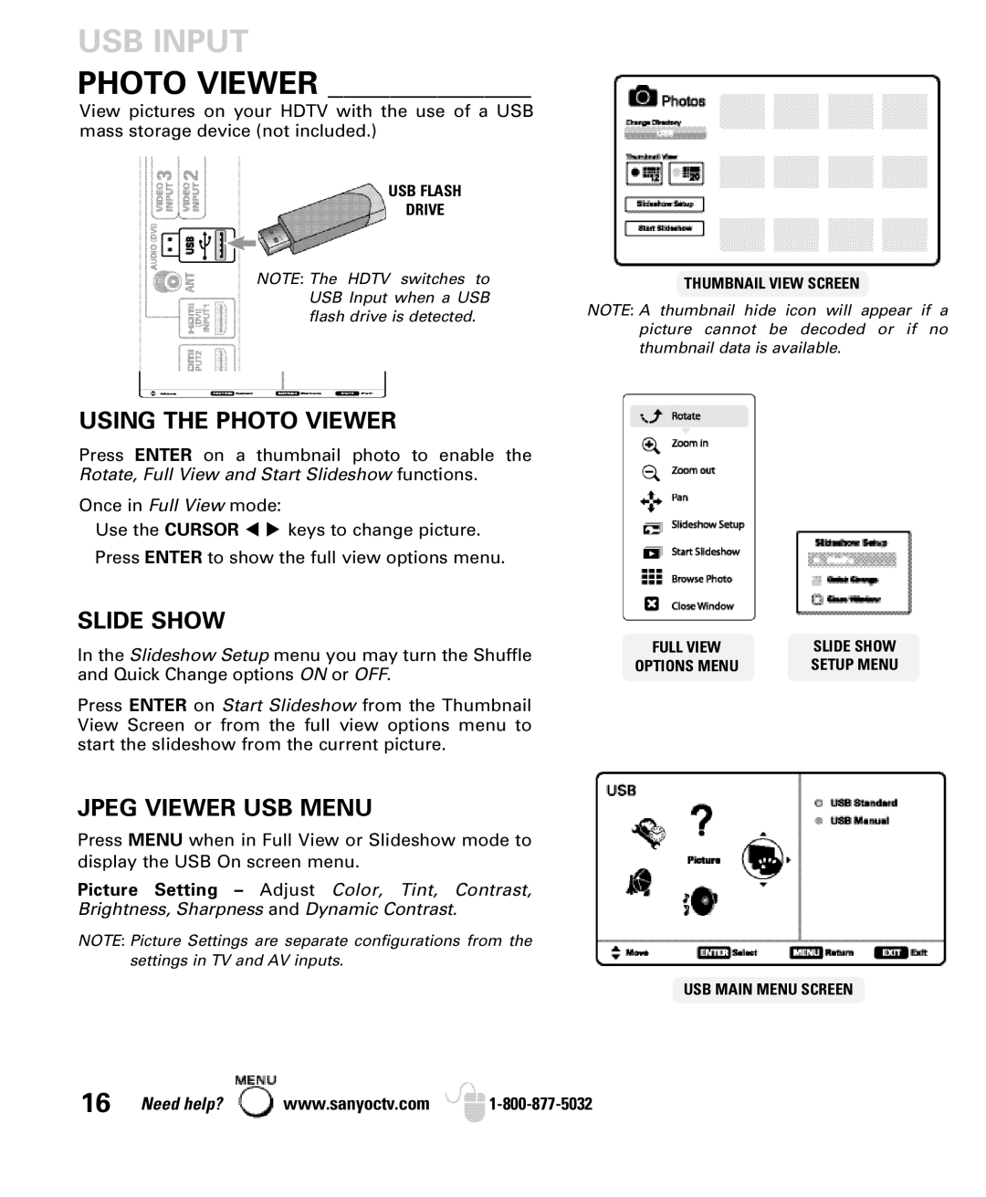 Sanyo DP42740 manual USB Input, Using the Photo Viewer, Slide Show, Jpeg Viewer USB Menu 