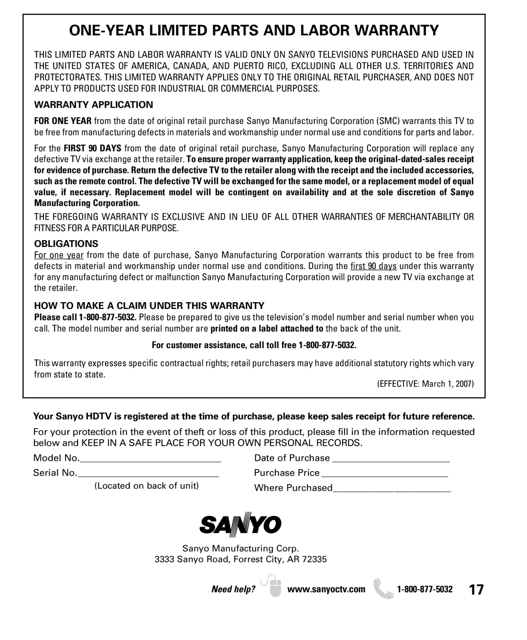 Sanyo DP42740 manual ONE-YEAR Limited Parts and Labor Warranty, Warranty Application, Obligations 