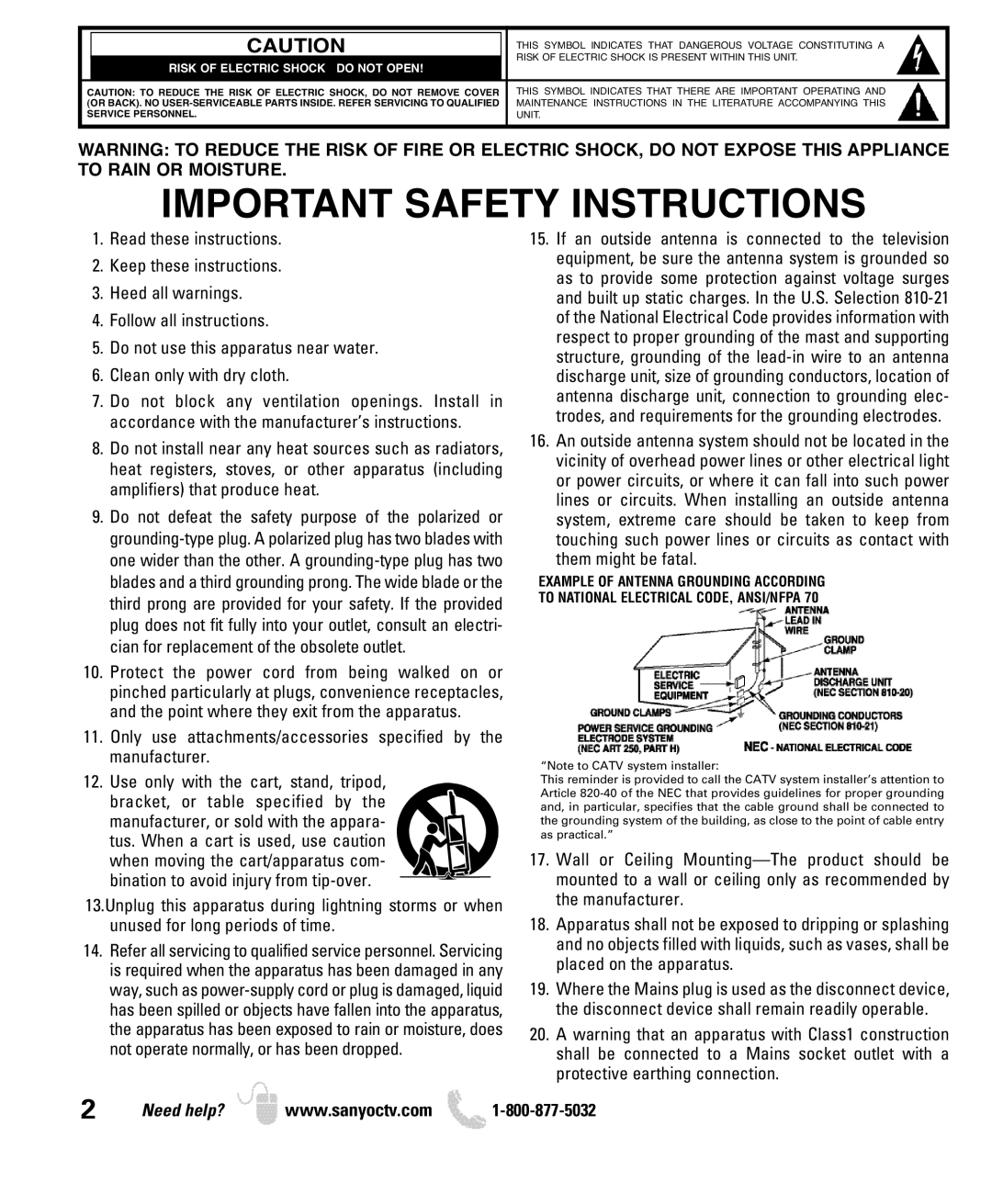 Sanyo DP42740 manual Important Safety Instructions 