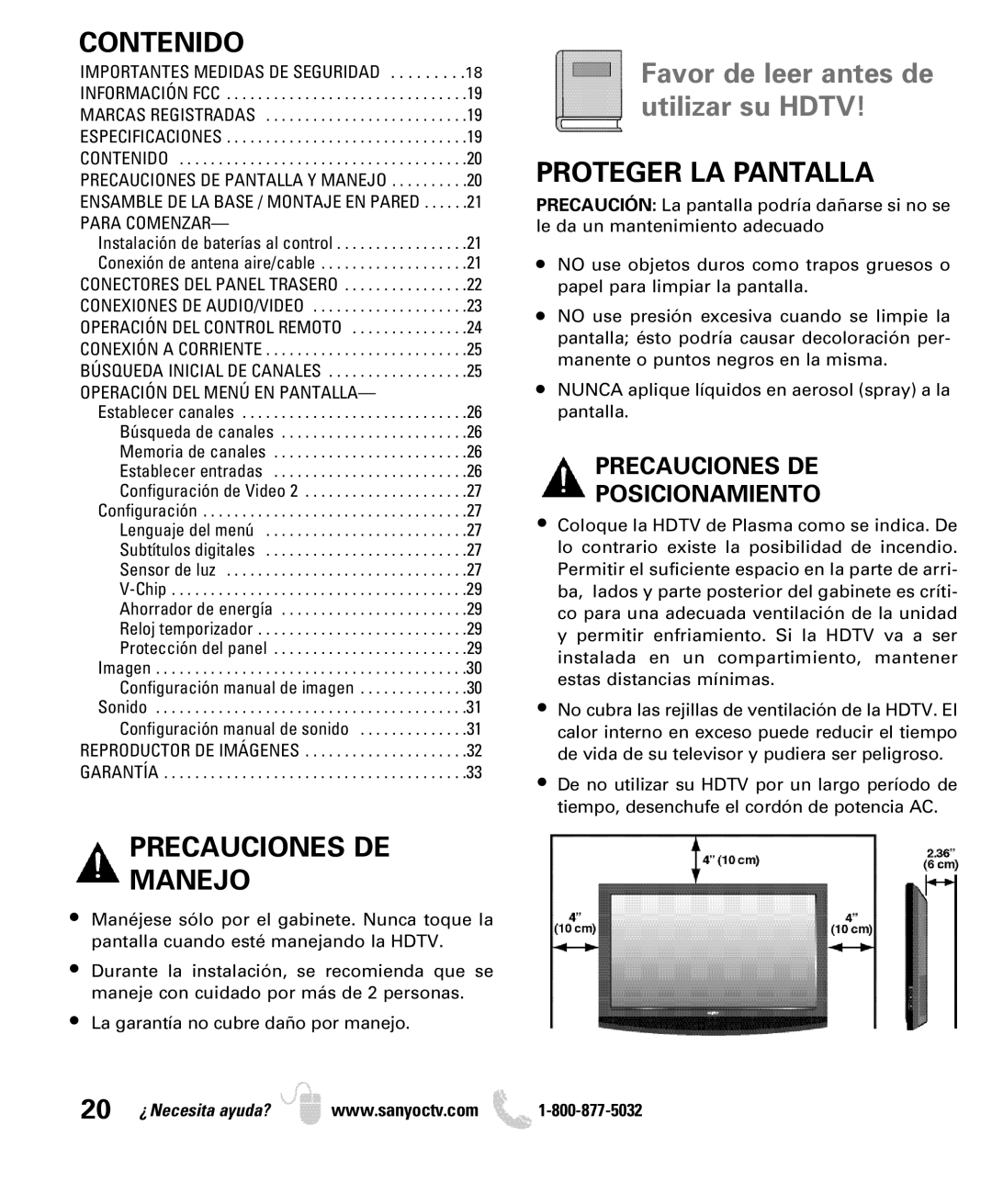 Sanyo DP42740 manual Contenido, Proteger LA Pantalla, Precauciones DE Manejo, Precauciones DE Posicionamiento 