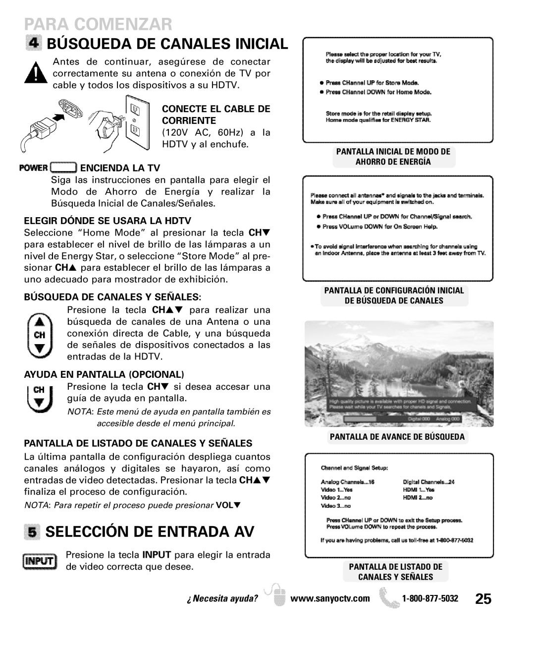 Sanyo DP42740 manual Búsqueda DE Canales Inicial, Selección DE Entrada AV 