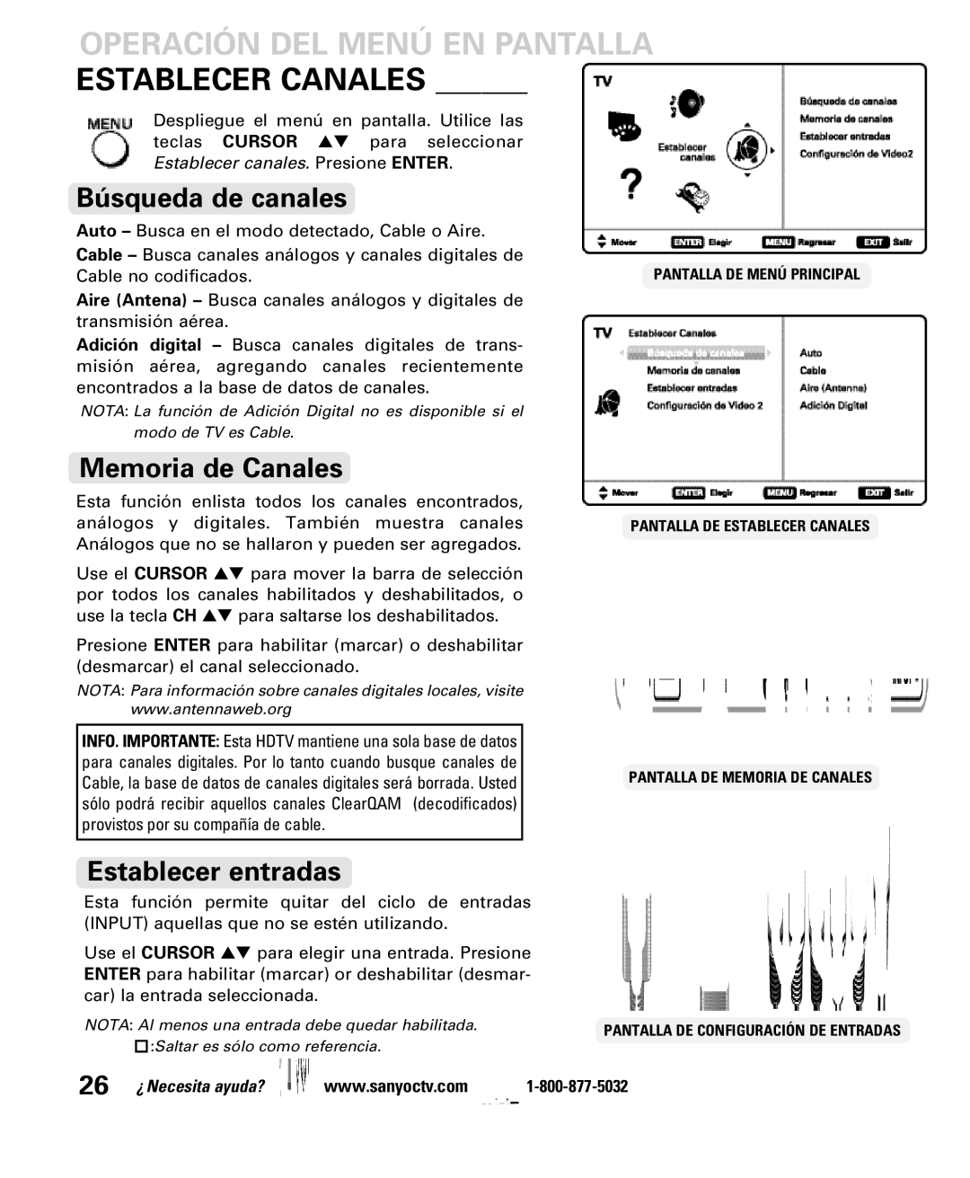 Sanyo DP42740 manual Operación DEL Menú EN Pantalla Establecer Canales, Búsqueda de canales, Memoria de Canales 