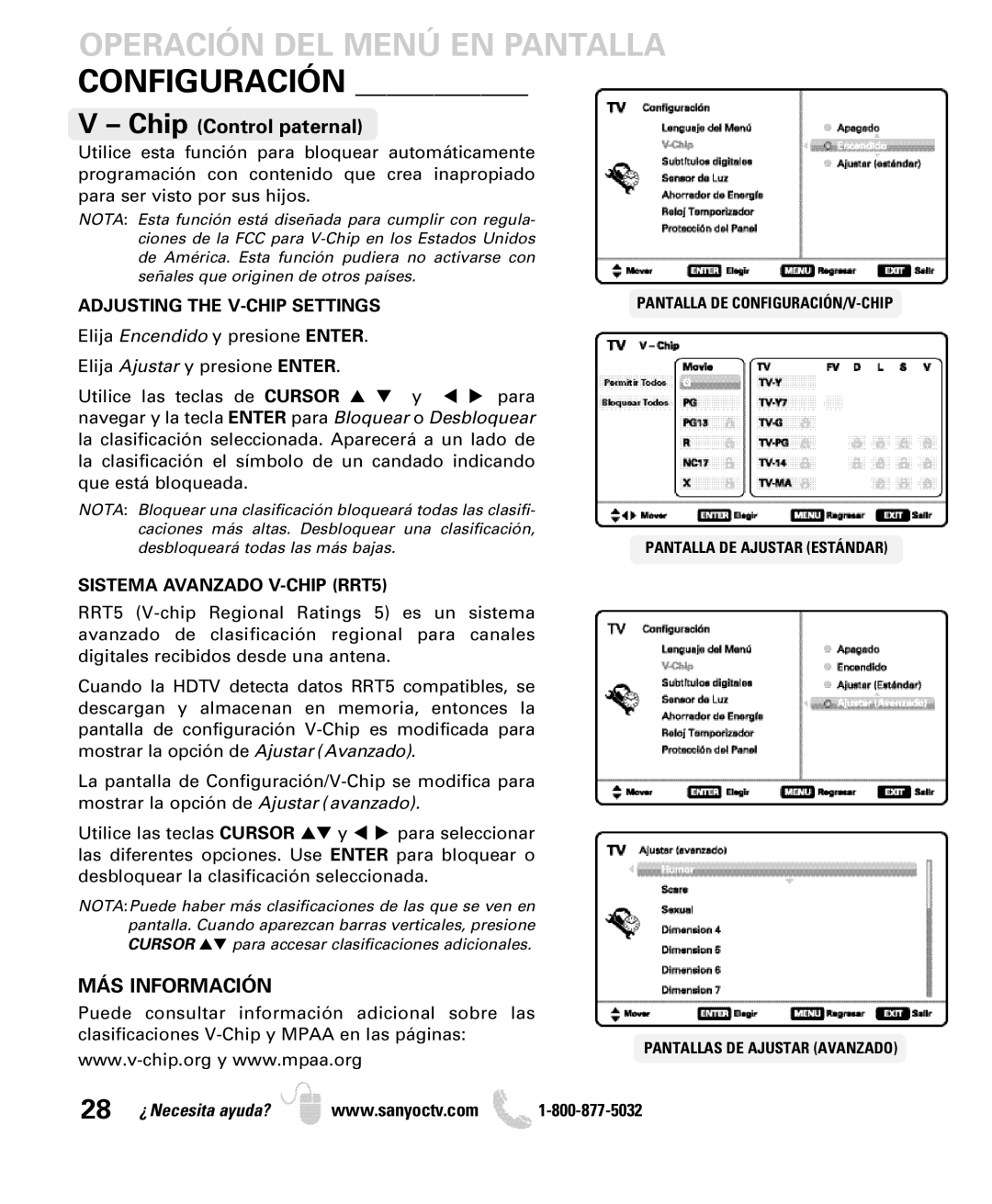 Sanyo DP42740 manual Operación DEL Menú EN Pantalla Configuración, MÁS Información, Adjusting the V-CHIP Settings 