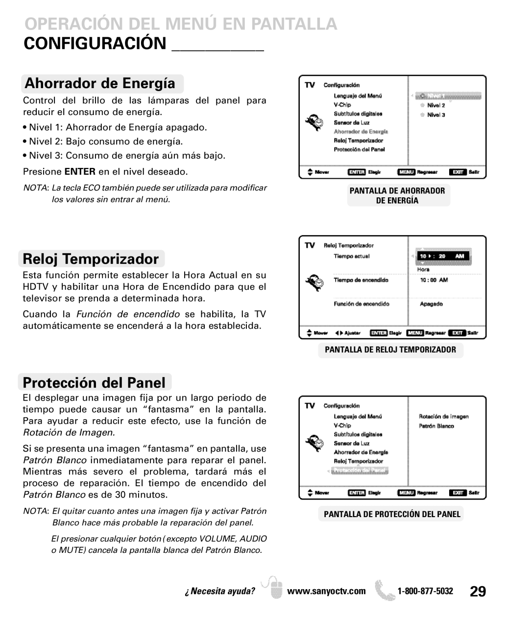 Sanyo DP42740 manual Ahorrador de Energía, Reloj Temporizador, Protección del Panel 