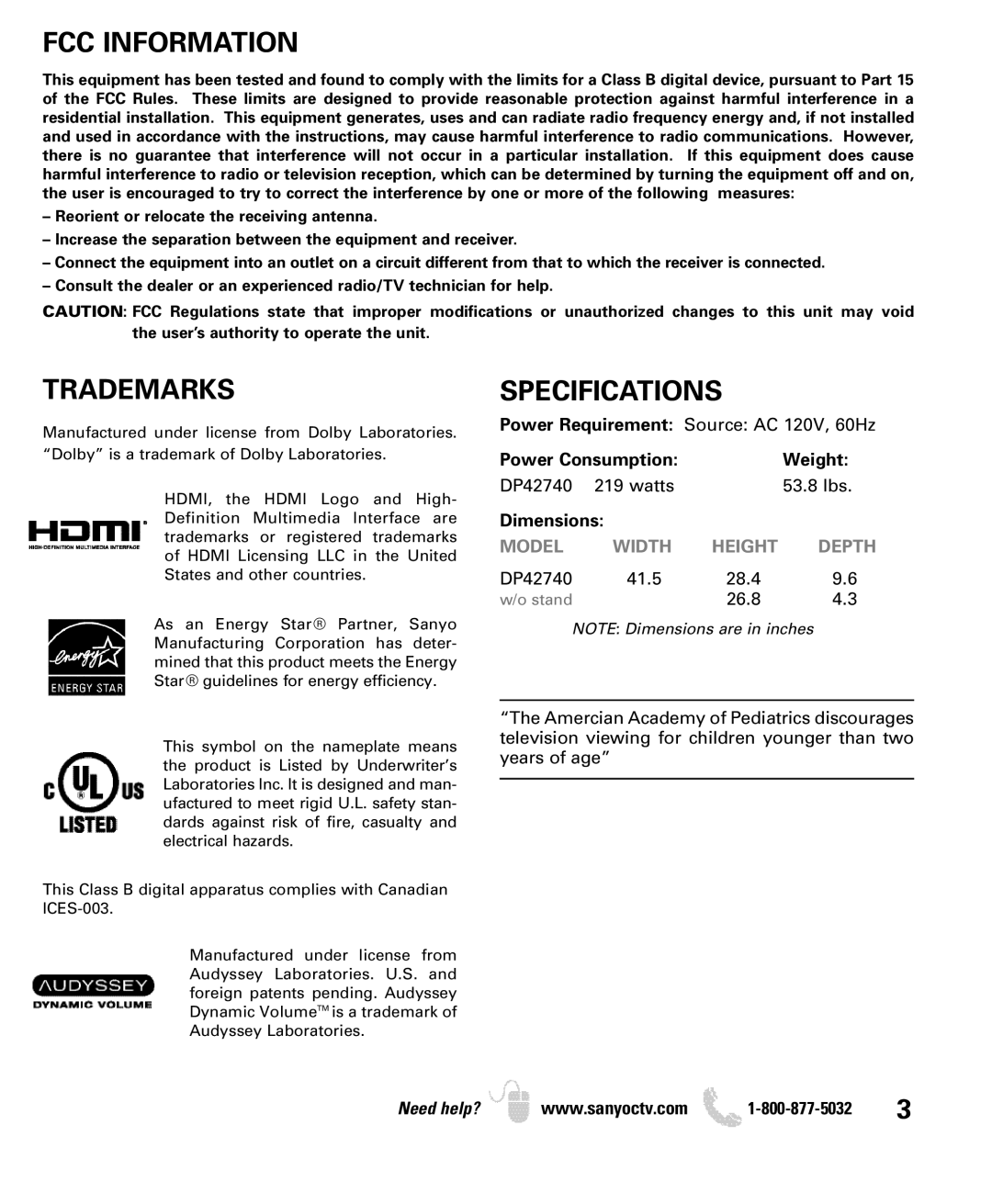 Sanyo DP42740 manual FCC Information, Trademarks, Specifications, Power Consumption Weight, Dimensions 