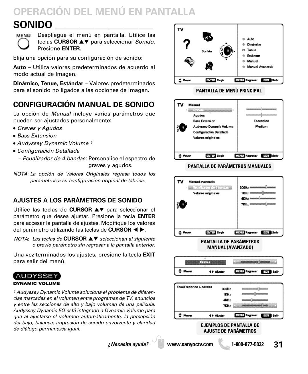 Sanyo DP42740 manual Configuración Manual DE Sonido, Ajustes a LOS Parámetros DE Sonido 