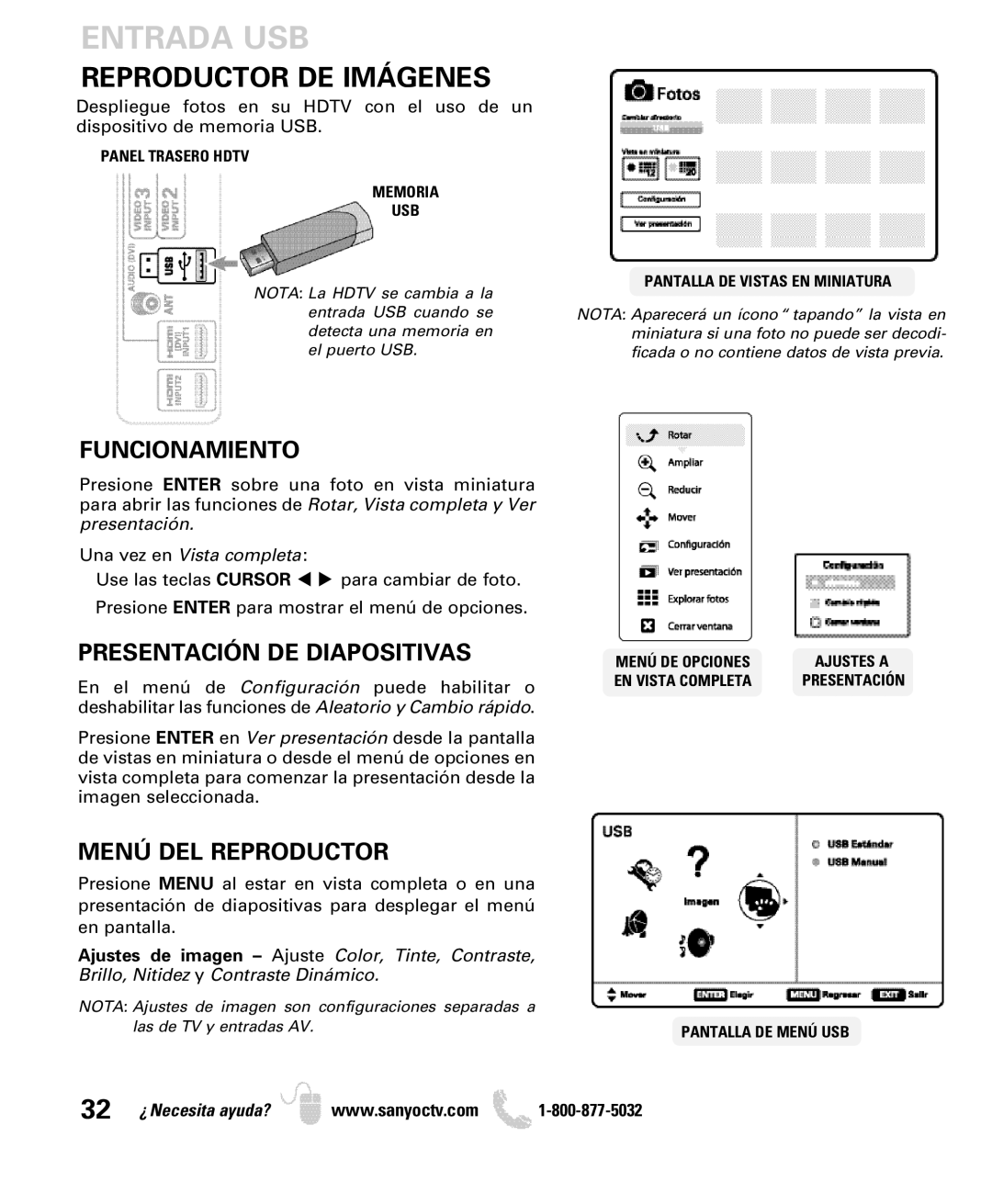 Sanyo DP42740 Entrada USB, Reproductor DE Imágenes, Funcionamiento, Presentación DE Diapositivas, Menú DEL Reproductor 