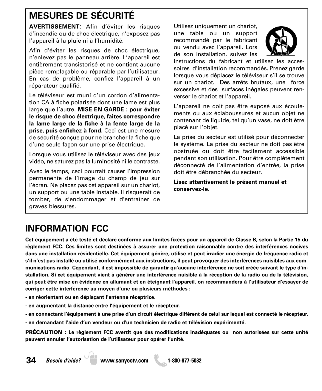 Sanyo DP42740 manual Mesures DE Sécurité, Information FCC, Lisez attentivement le présent manuel et conservez-le 