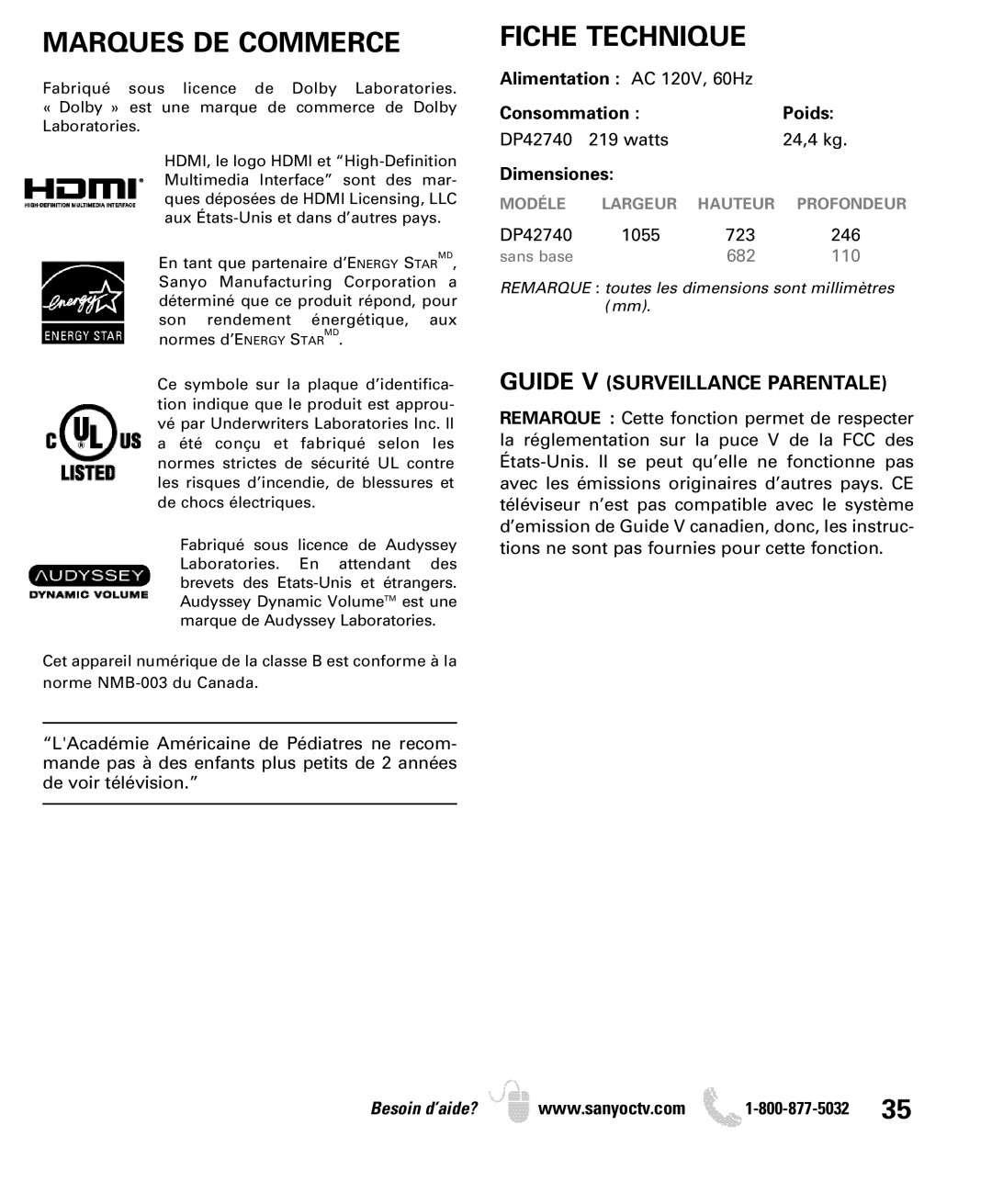 Sanyo DP42740 manual Marques DE Commerce, Fiche Technique, Guide V Surveillance Parentale 