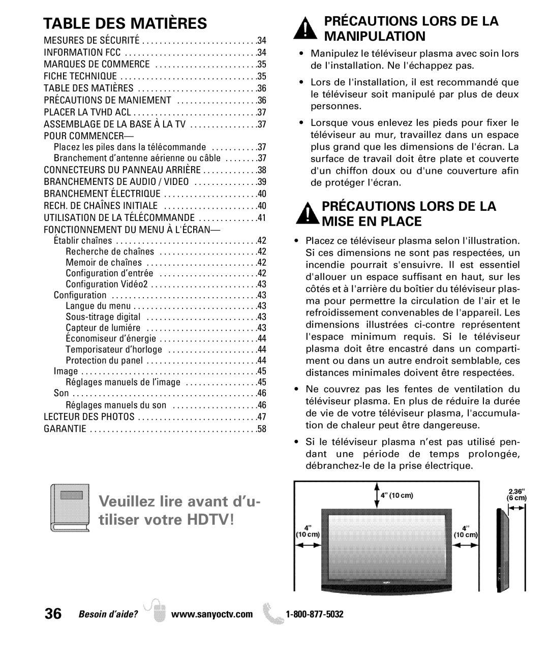 Sanyo DP42740 manual Table DES Matières, Précautions Lors DE LA Manipulation, Précautions Lors DE LA Mise EN Place 