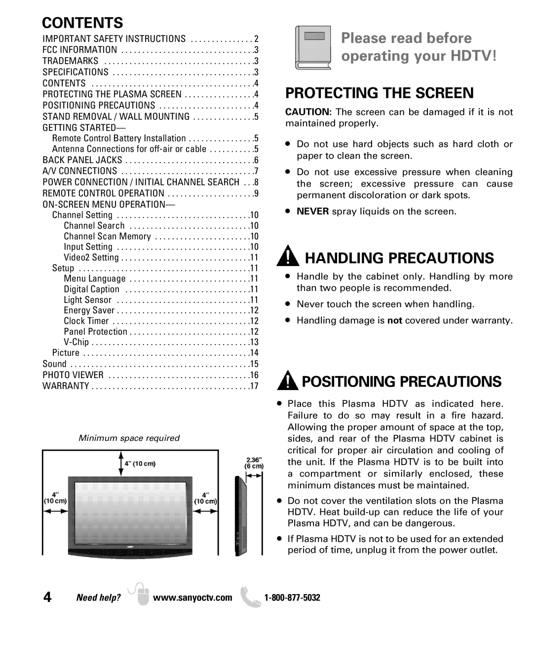 Sanyo DP42740 manual Contents, Protecting the Screen, Handling Precautions, Positioning Precautions 