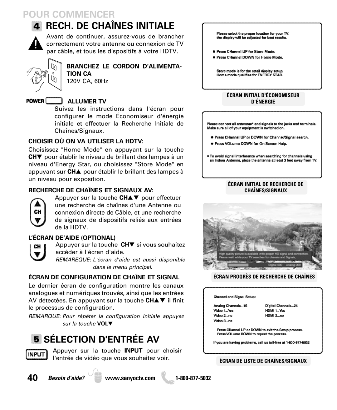 Sanyo DP42740 manual RECH. DE Chaînes Initiale, Sélection Dentrée AV 