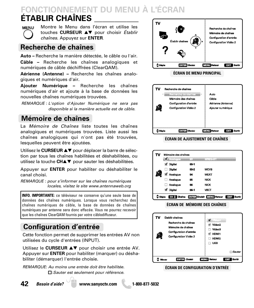 Sanyo DP42740 manual Fonctionnement DU Menu À Lécran Établir Chaînes, Recherche de chaînes, Mémoire de chaînes 