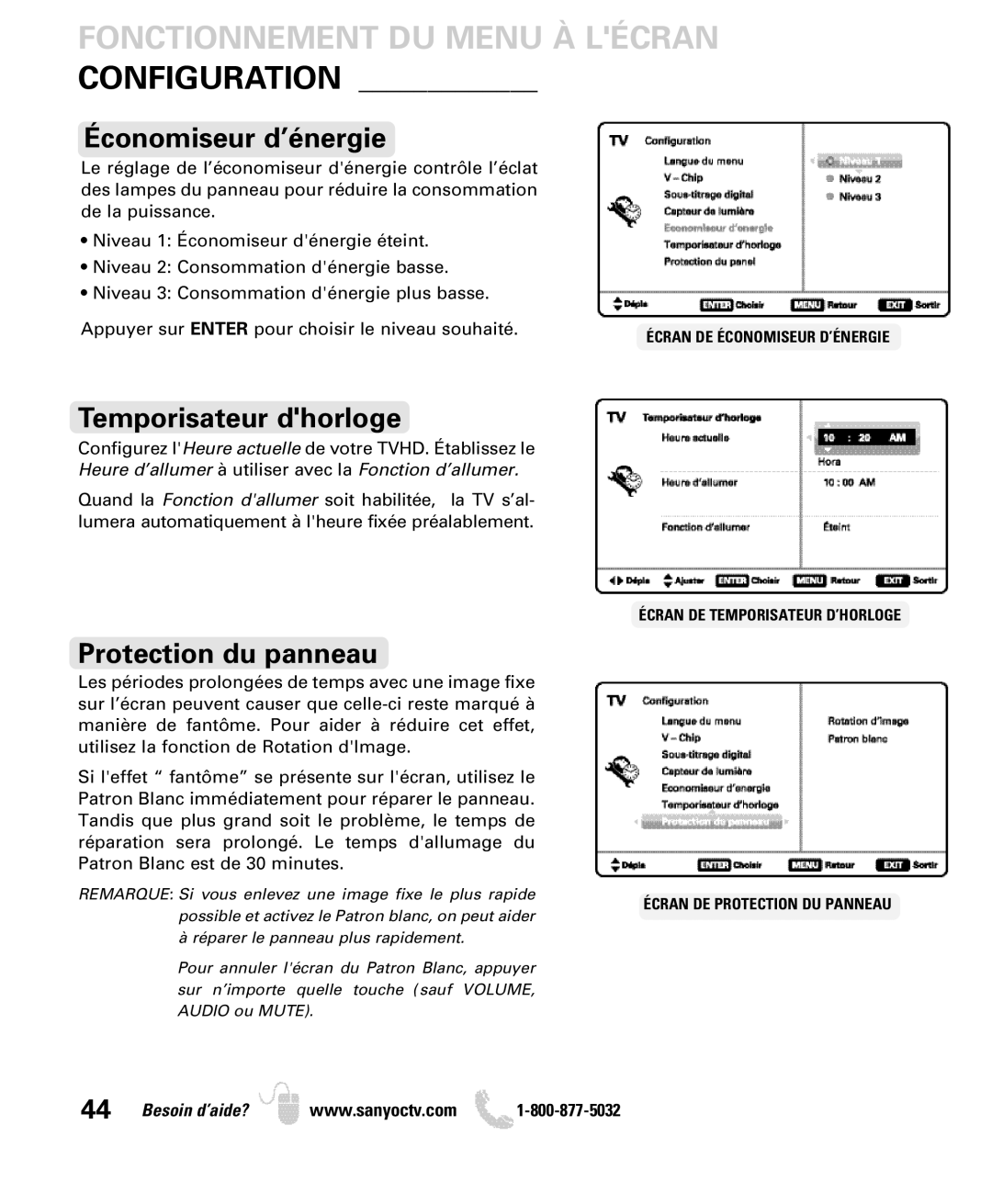 Sanyo DP42740 manual Fonctionnement DU Menu À Lécran Configuration, Économiseur d’énergie, Temporisateur dhorloge 