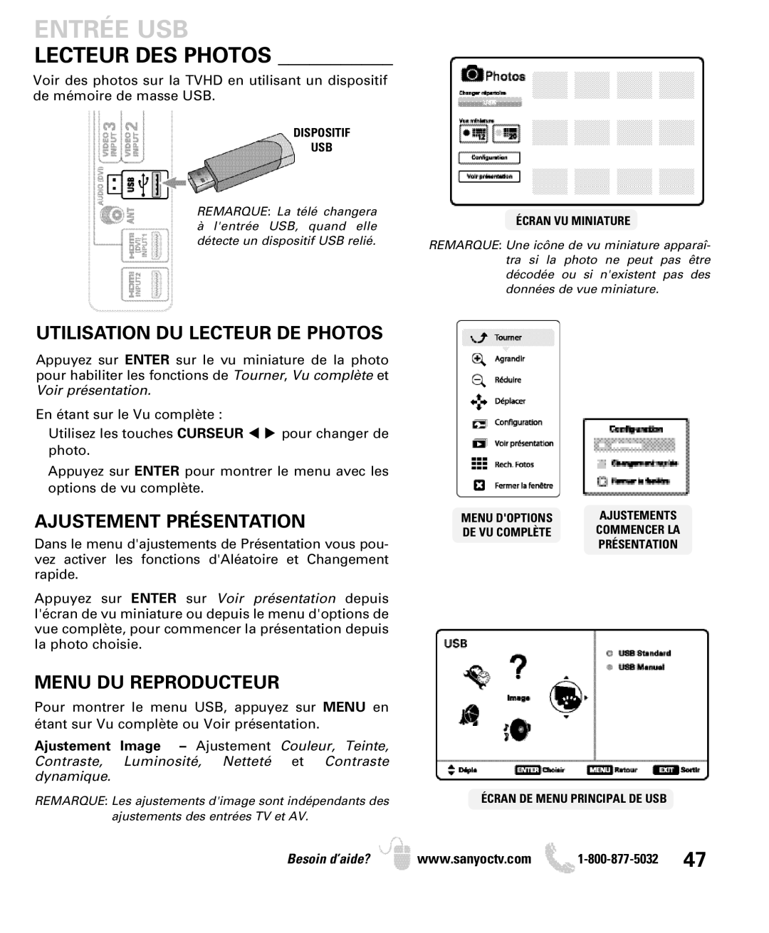 Sanyo DP42740 manual Entrée USB, Utilisation DU Lecteur DE Photos, Ajustement Présentation, Menu DU Reproducteur 