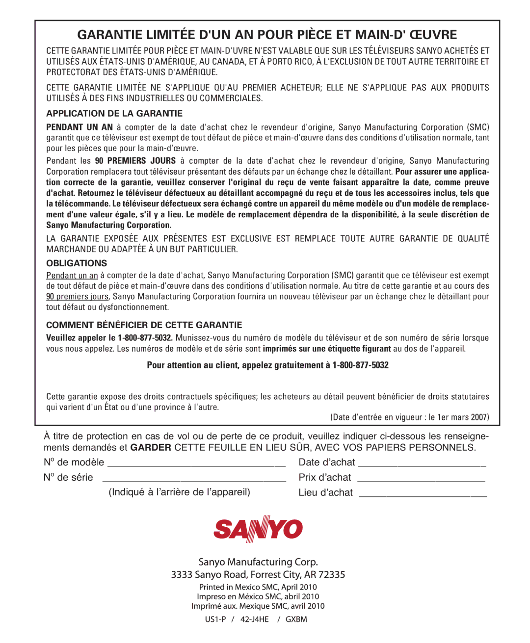 Sanyo DP42740 manual Garantie Limitée DUN AN Pour Pièce ET MAIN-D Œuvre, Pour attention au client, appelez gratuitement à 