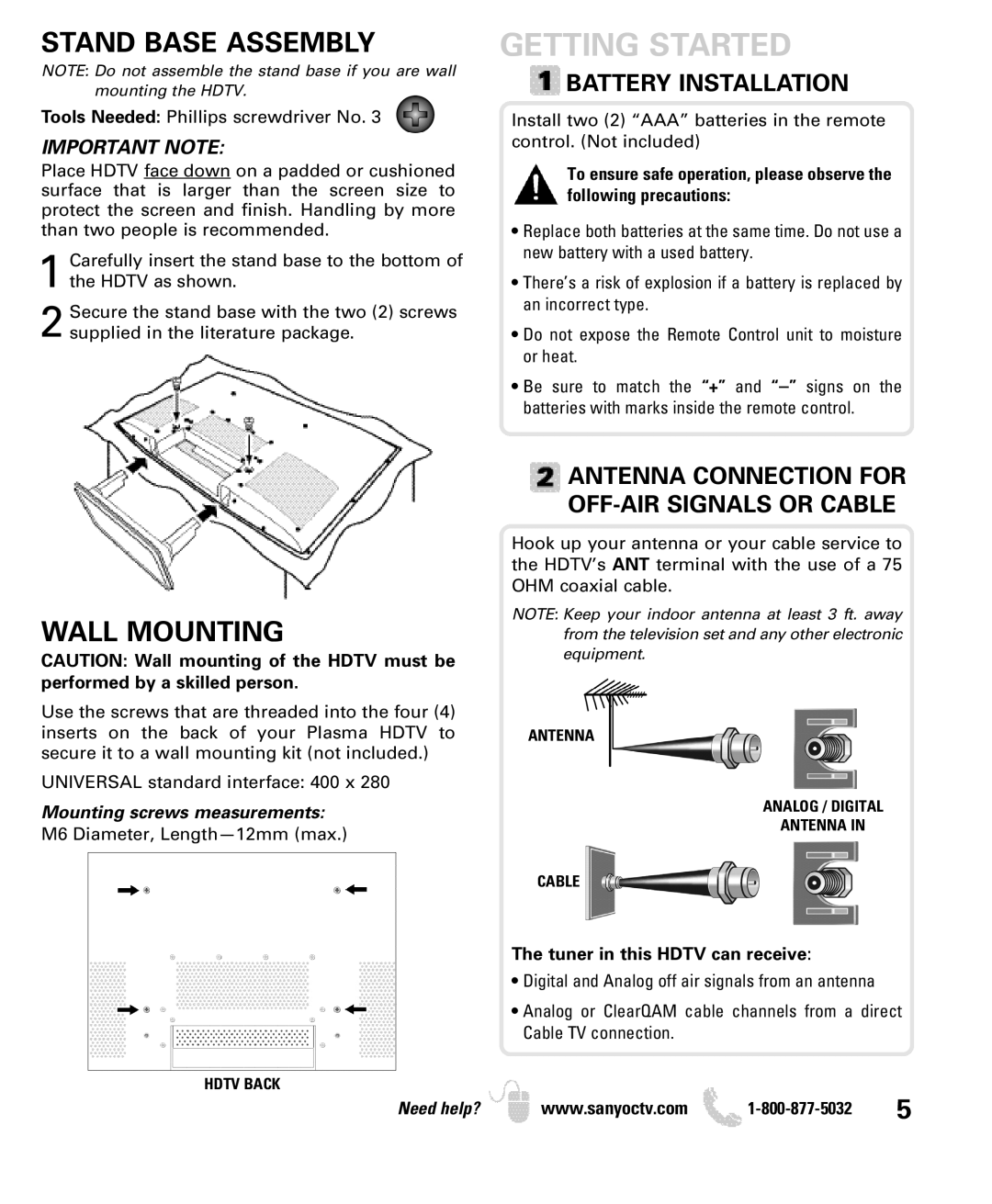 Sanyo DP42740 manual Getting Started, Stand Base Assembly, Wall Mounting, Battery Installation 