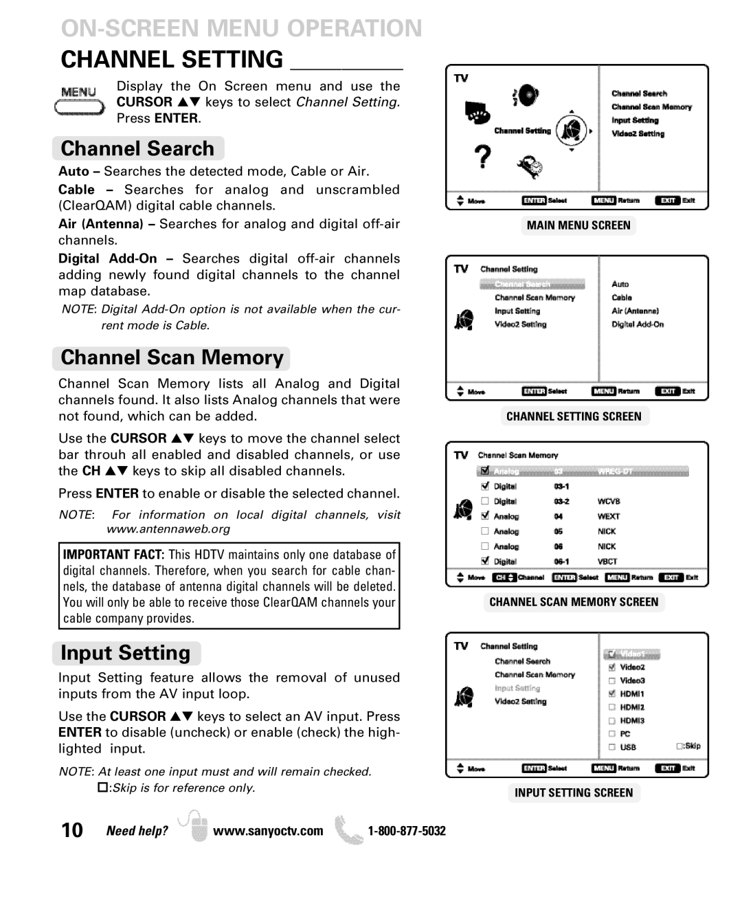 Sanyo DP42840, DP46840 manual ON-SCREEN Menu Operation Channel Setting, Channel Search, Channel Scan Memory, Input Setting 