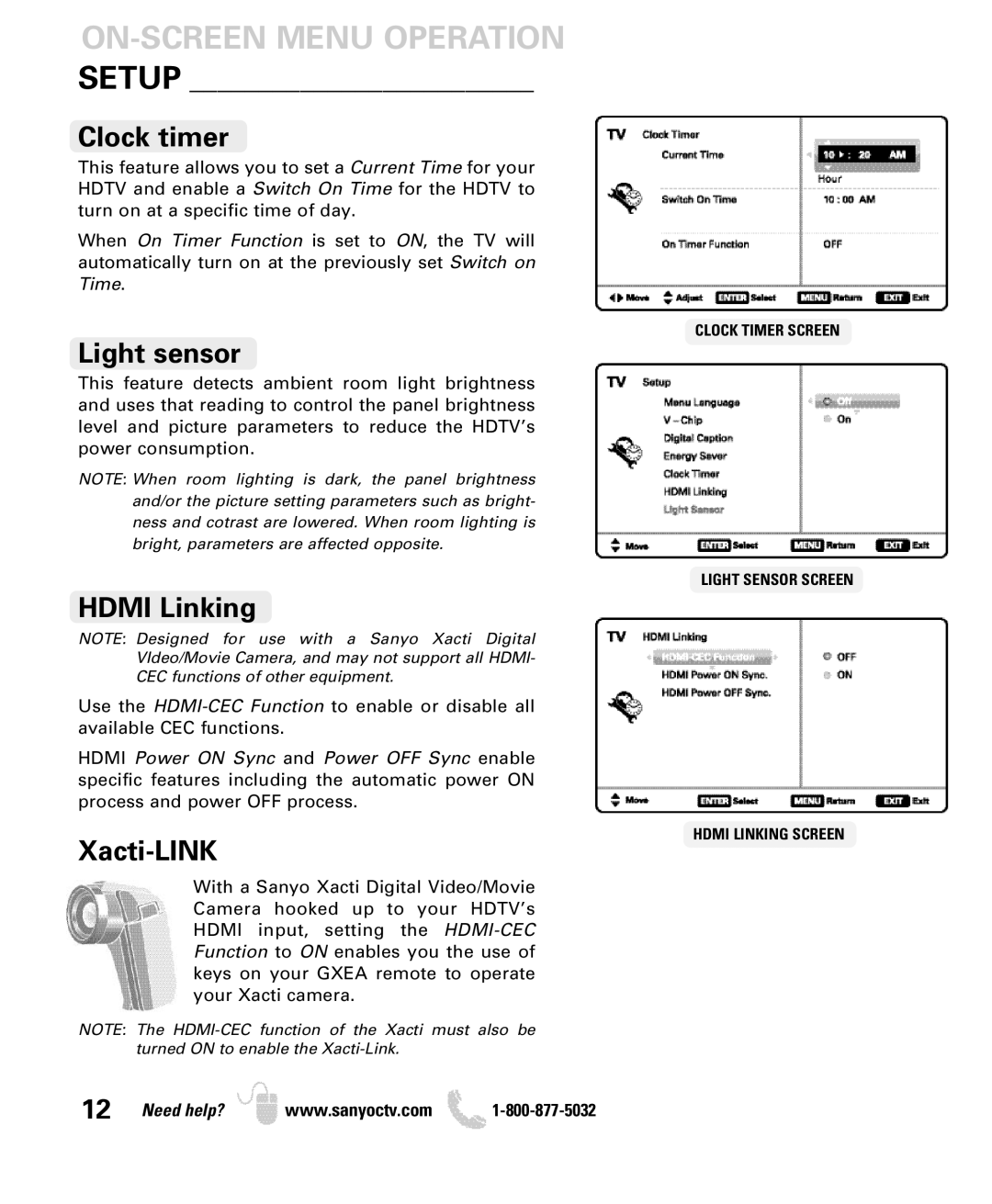 Sanyo DP42840, DP46840 manual Setup Clock timer, Light sensor, Hdmi Linking, Xacti-LINK 